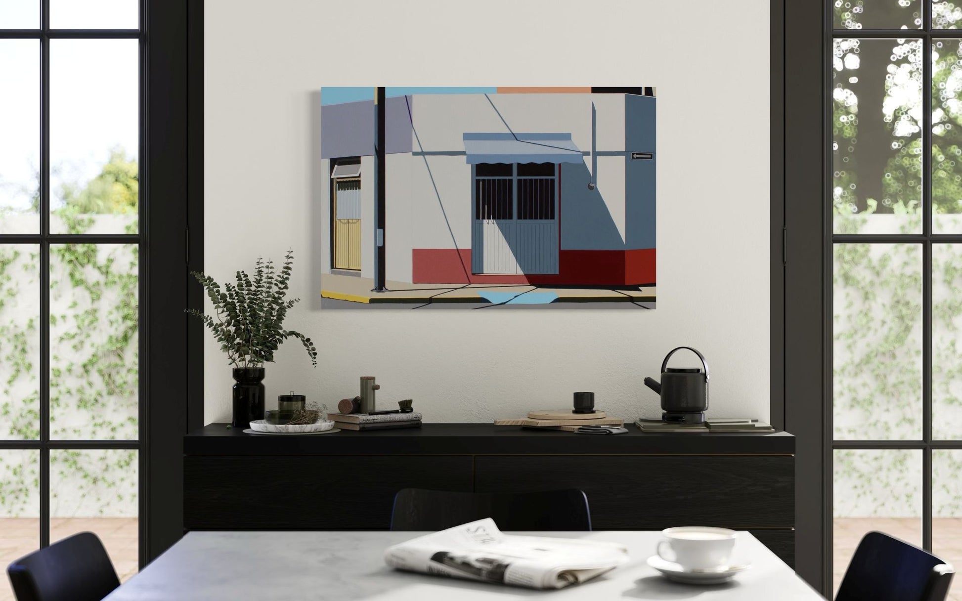 Original acrylic painting Acceso by Gordon Leverton depicting architecture in Zona Centro Guadalajara Mexico with colorful geometric urban details