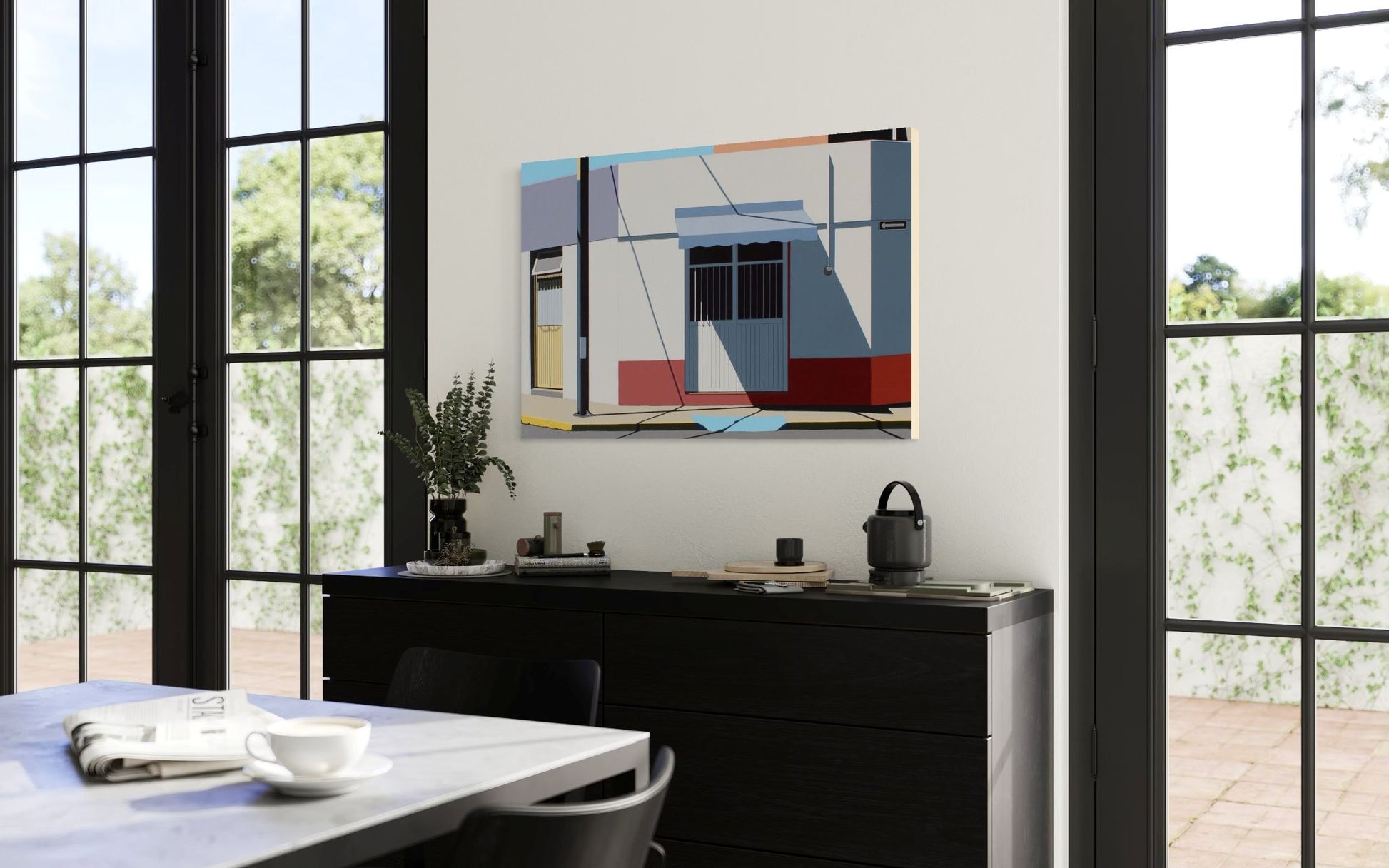 Original acrylic painting Acceso by Gordon Leverton depicting architecture in Zona Centro Guadalajara Mexico with colorful geometric urban details