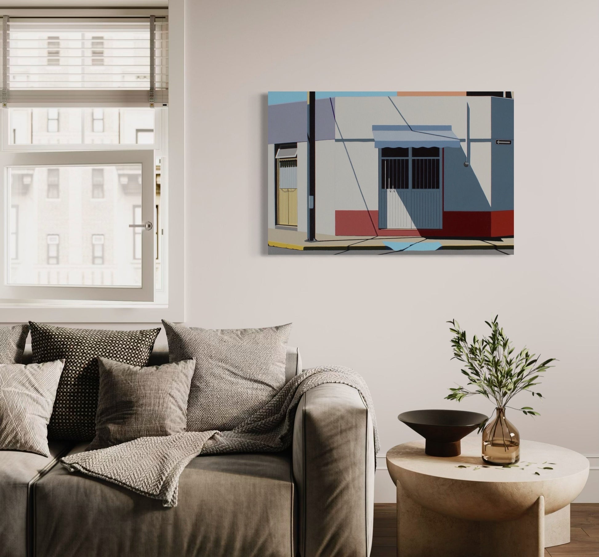 Original acrylic painting Acceso by Gordon Leverton depicting architecture in Zona Centro Guadalajara Mexico with colorful geometric urban details
