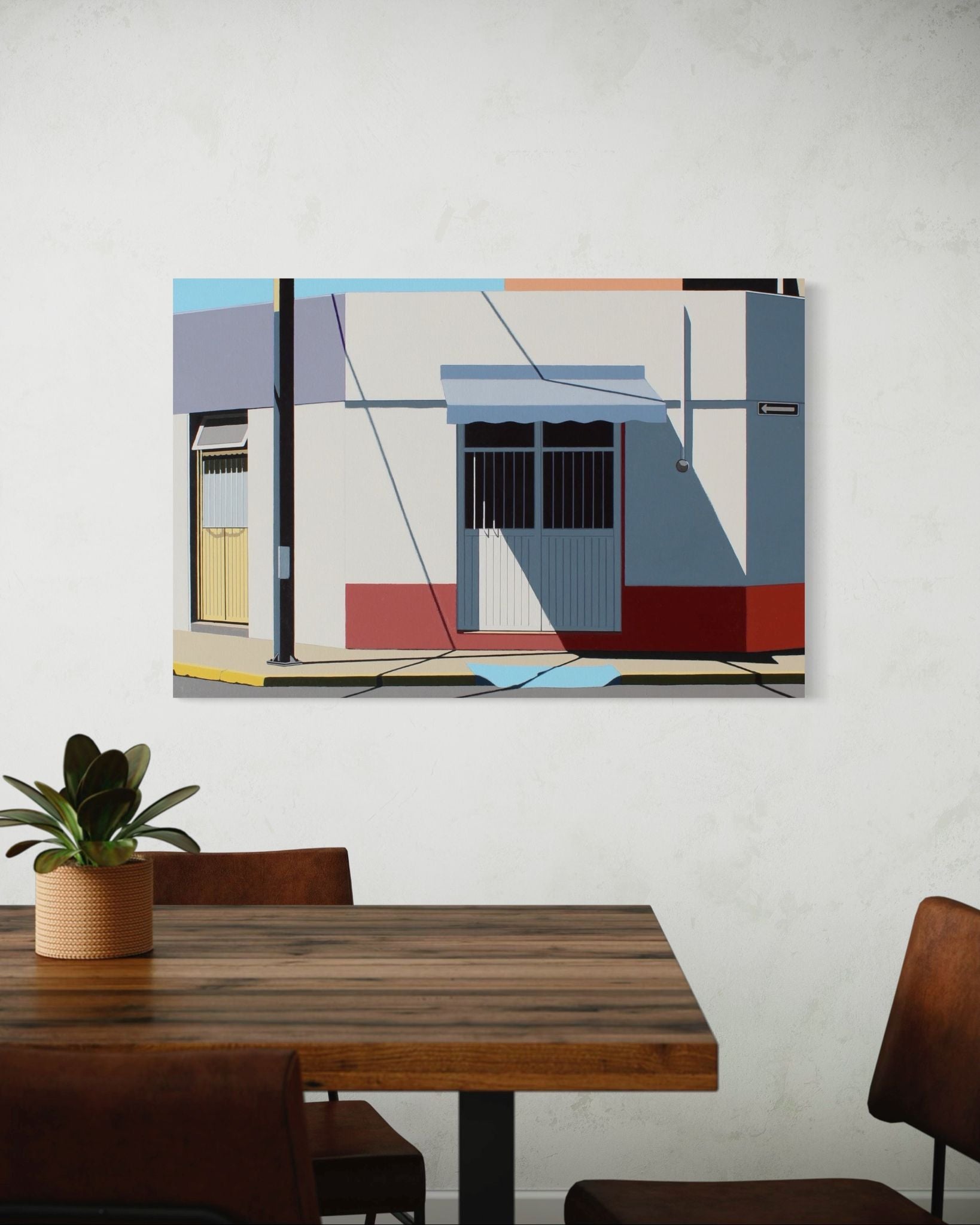 Original acrylic painting Acceso by Gordon Leverton depicting architecture in Zona Centro Guadalajara Mexico with colorful geometric urban details