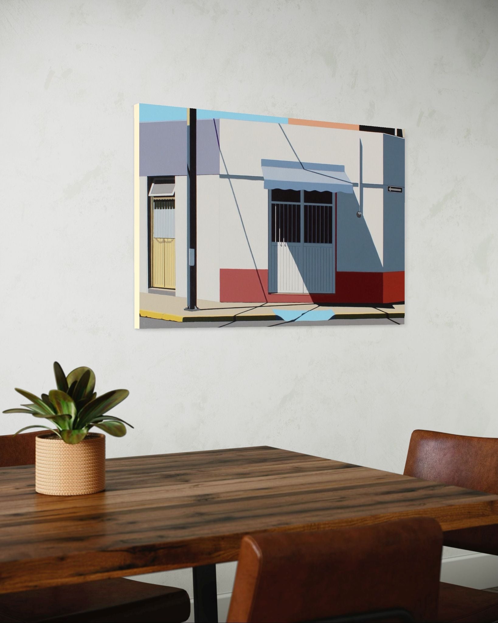 Original acrylic painting Acceso by Gordon Leverton depicting architecture in Zona Centro Guadalajara Mexico with colorful geometric urban details