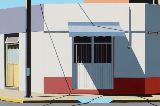 Original acrylic painting Acceso by Gordon Leverton depicting architecture in Zona Centro Guadalajara Mexico with colorful geometric urban details