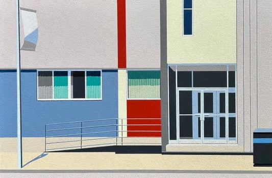 Original acrylic painting ACCORDANCE by Gordon Leverton depicting storefront on Queen Street West in Toronto Junction with contemporary urban architecture
