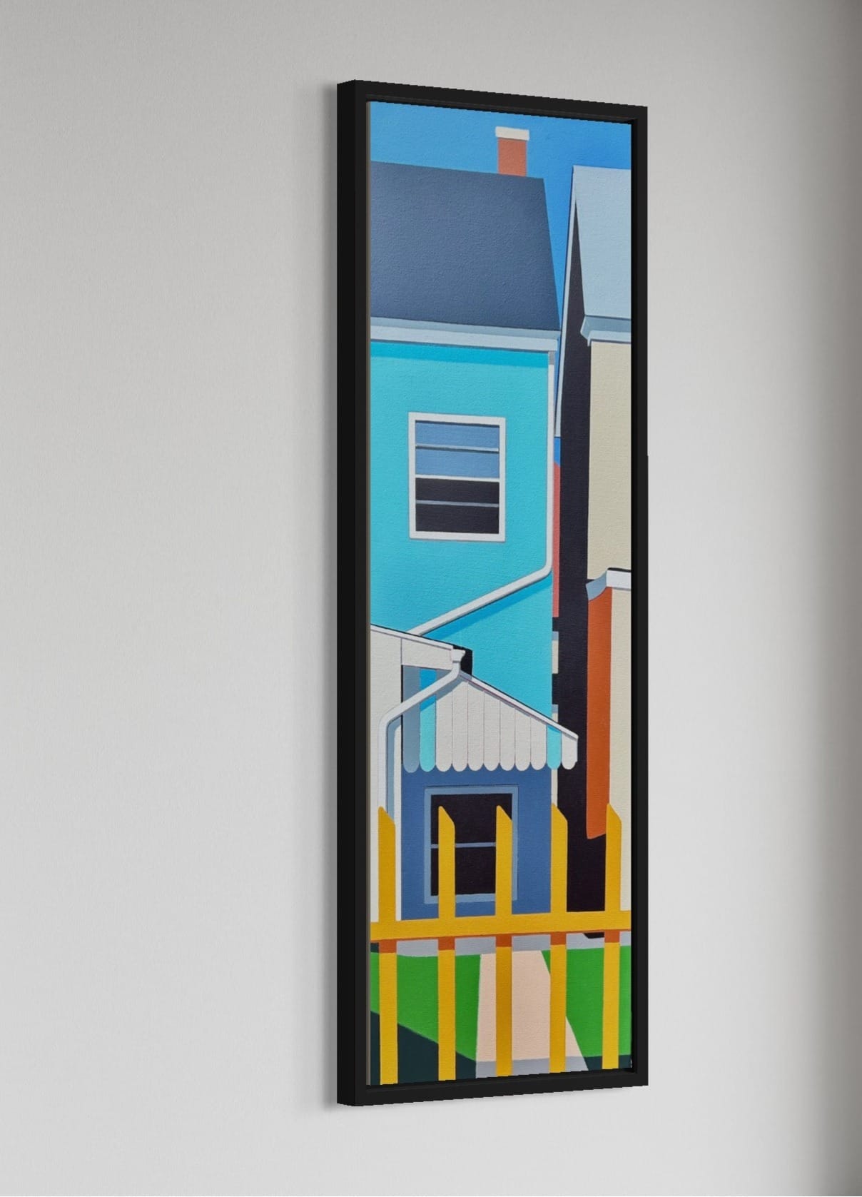 Original acrylic painting Bravado by Gordon Leverton depicting detailed architecture in Hamilton (Canada) with vibrant tropical colors and geometric forms.