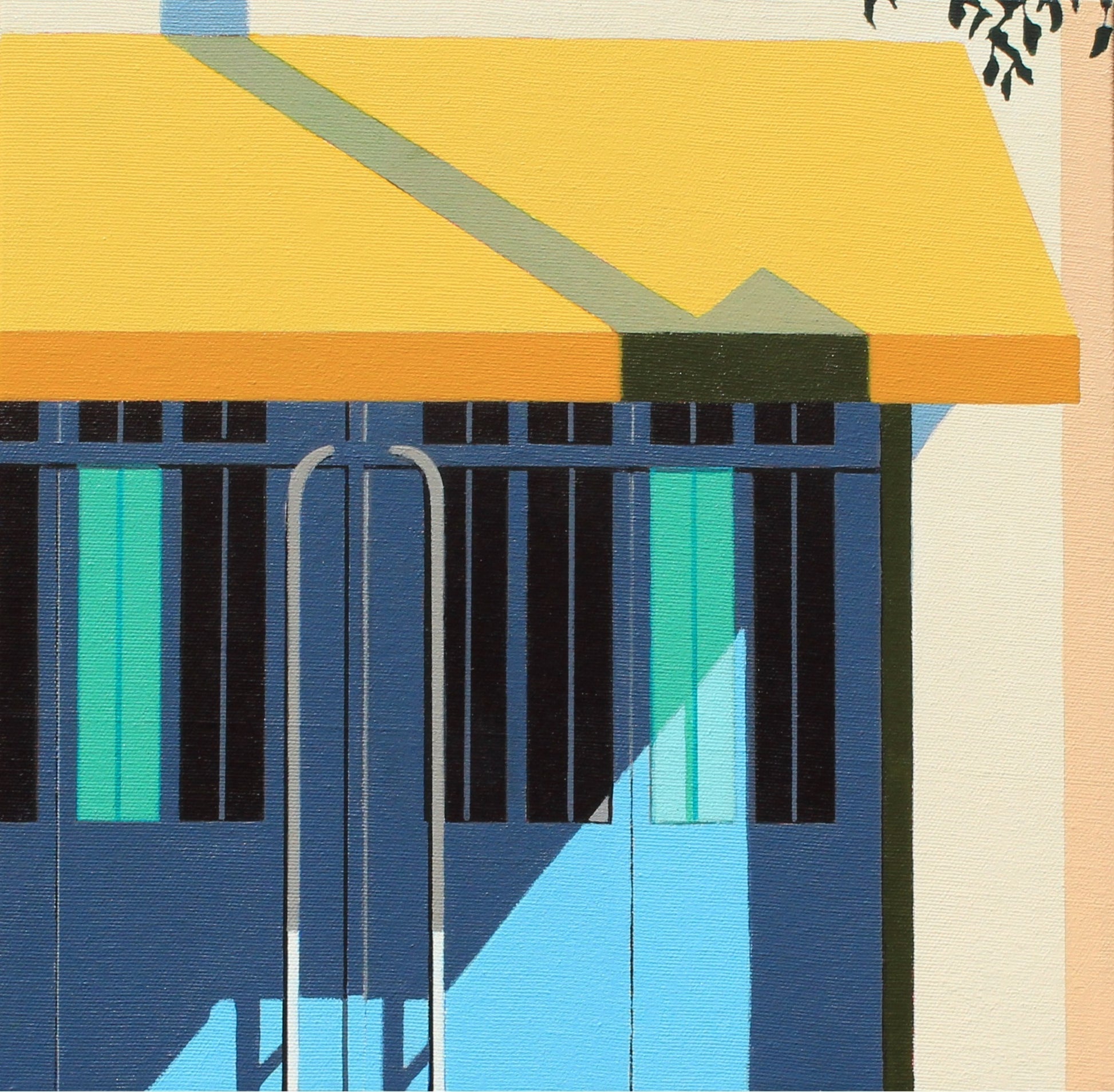 Original acrylic painting Brillar by Gordon Leverton depicting architecture in Condesa Mexico City with vibrant colors and contemporary urban geometric forms