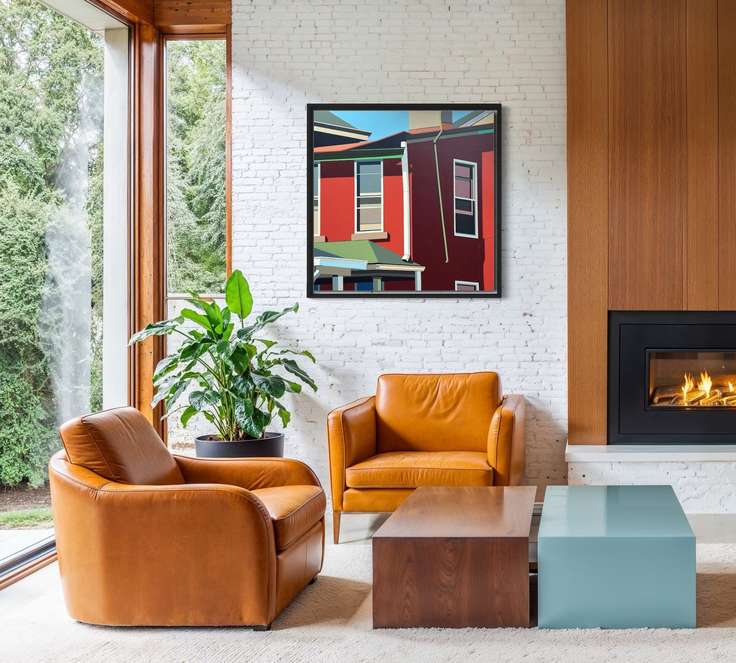 Original acrylic painting Cohort (36x36 inches) by Gordon Leverton depicting colorful row houses on from Hamilton, Canada with red and green facades