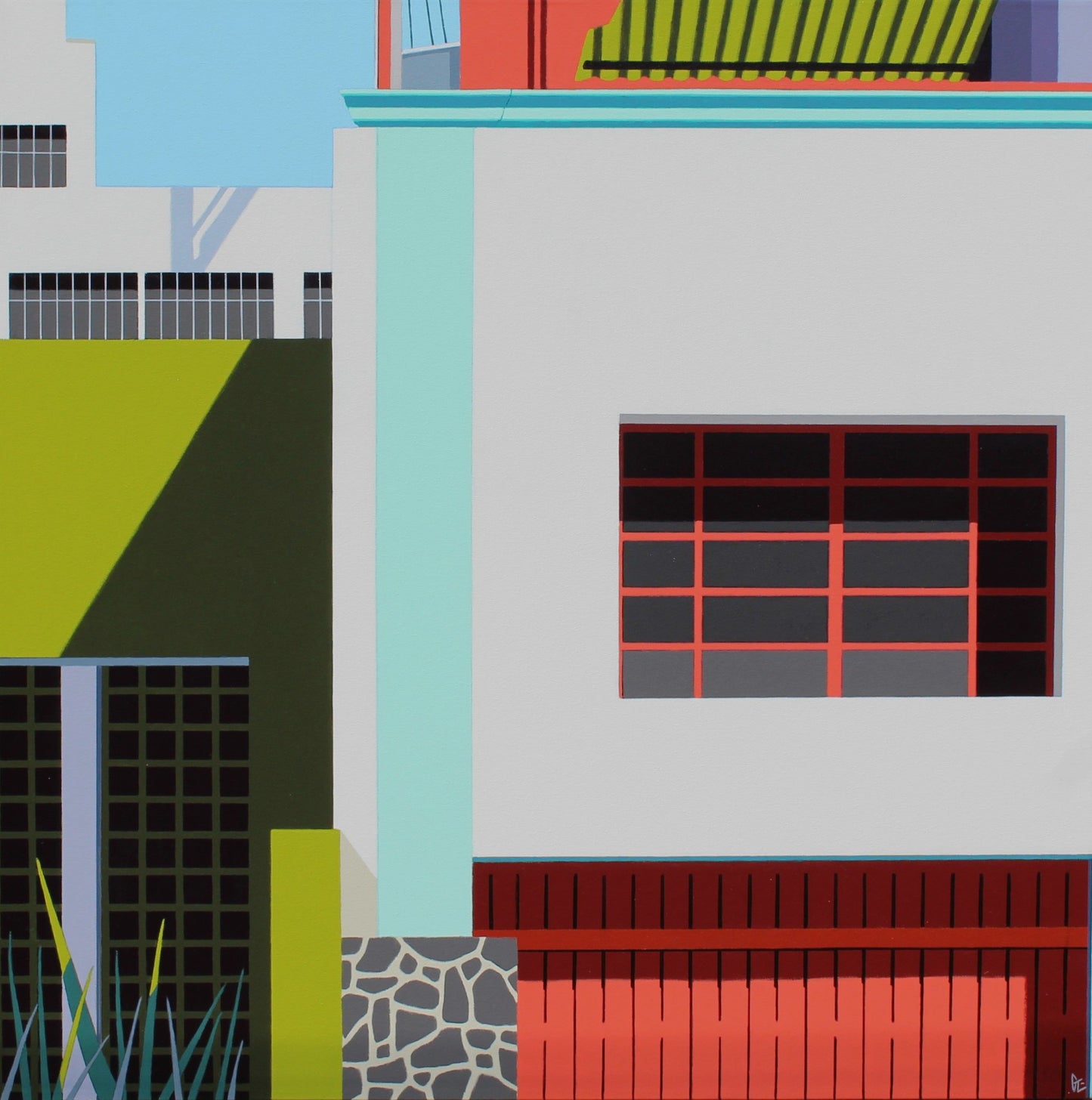 Original acrylic painting Cactus by Gordon Leverton depicting Mexico architecture with bold contemporary urban details