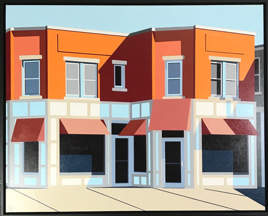 Original acrylic painting by Gordon Leverton depicting Second Cup cafe at King and Marion in Westdale Village Hamilton with storefront architecture