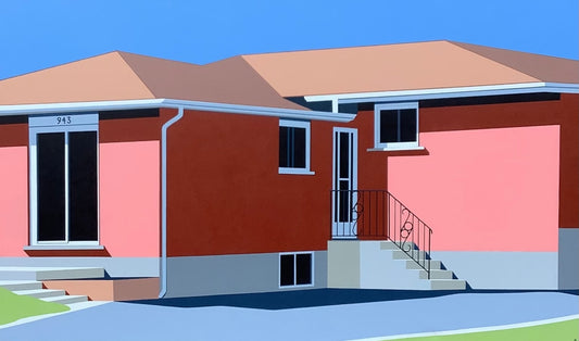 Original acrylic painting Home Coming by Gordon Leverton depicting residential building in Sudbury Ontario with Canadian urban architecture