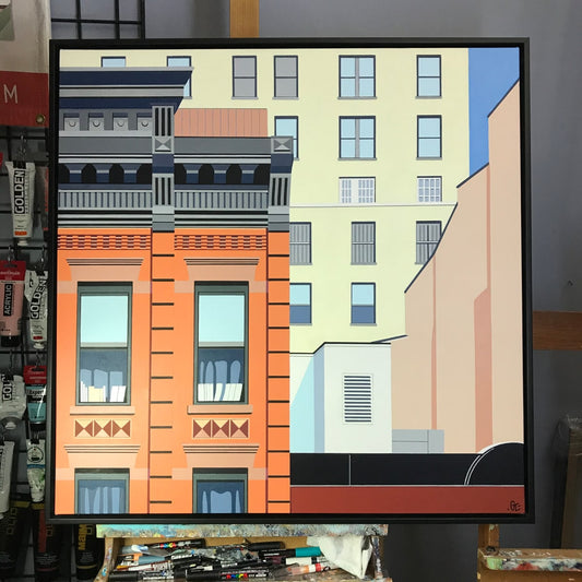 Original acrylic painting by Gordon Leverton depicting residential building on E 84th Street Upper East Side New York City with urban architecture
