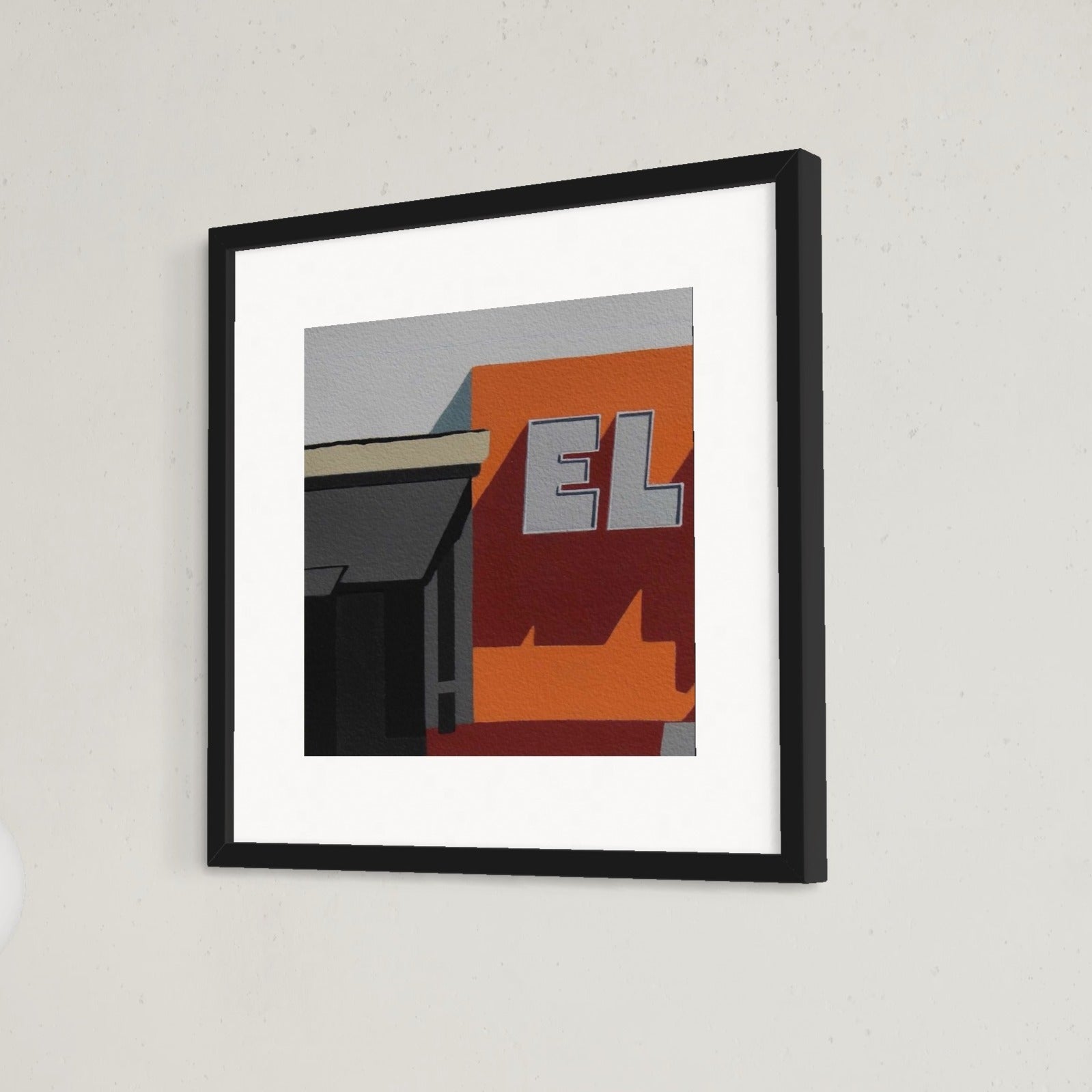 Limited edition framed print EL by Gordon Leverton depicting colonial architecture in Guadalajara Mexico with bold typography and geometric forms