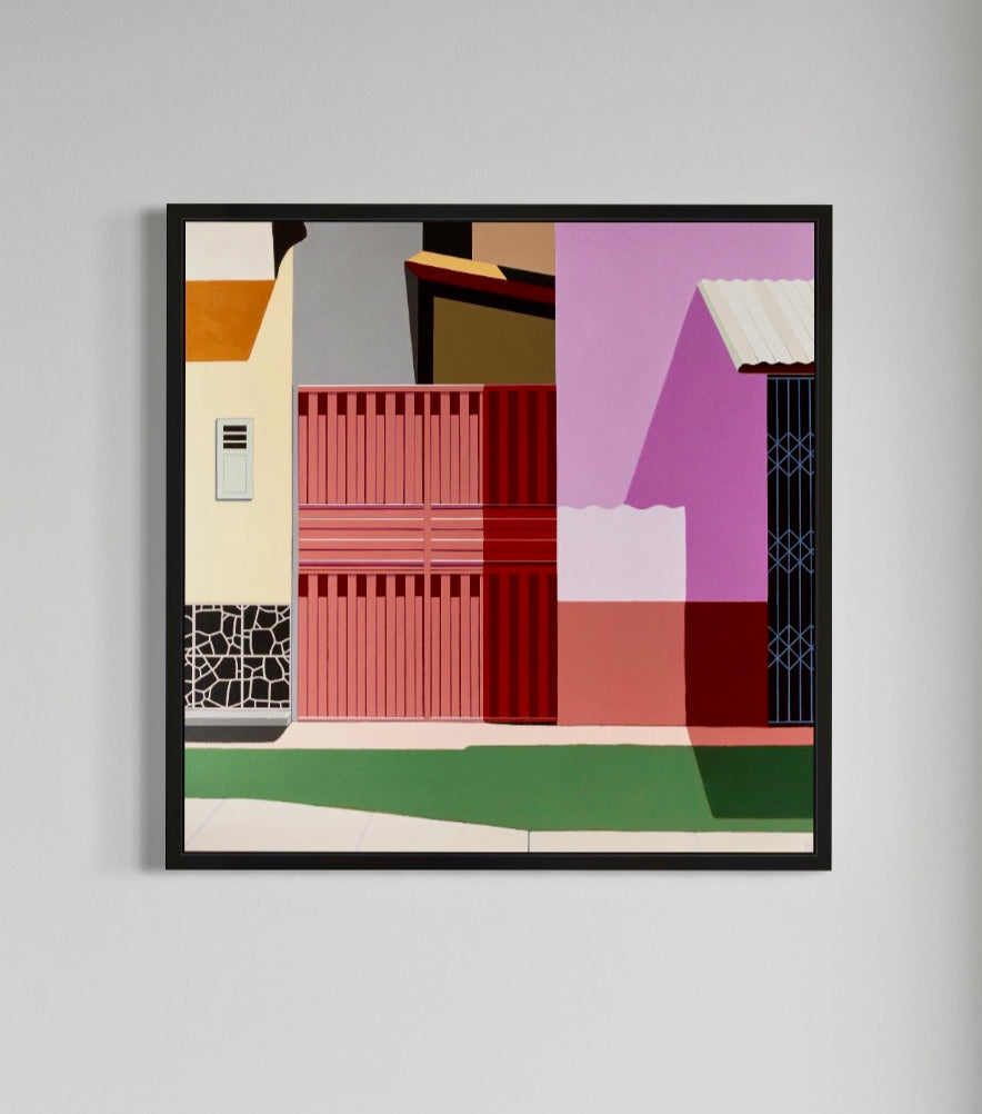 Original acrylic painting Estructura by Gordon Leverton depicting Inca Market architecture in Miraflores Lima Peru with geometric structural details