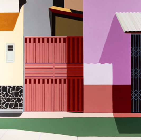 Original acrylic painting Estructura by Gordon Leverton depicting Inca Market architecture in Miraflores Lima Peru with geometric structural details