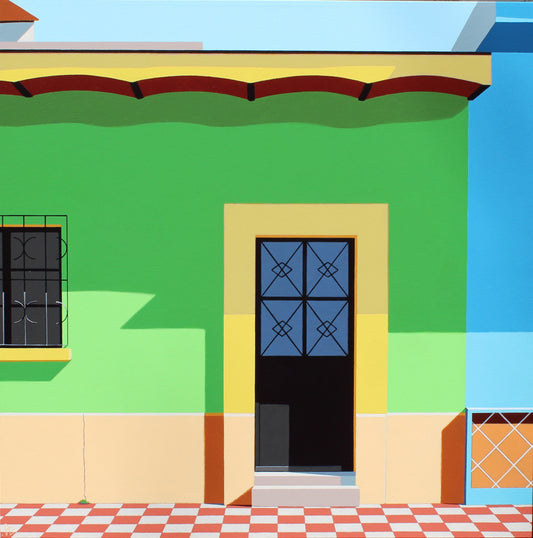 Original acrylic painting Fantasia by Gordon Leverton depicting colorful architecture in Guadalajara Mexico with contemporary urban geometric forms
