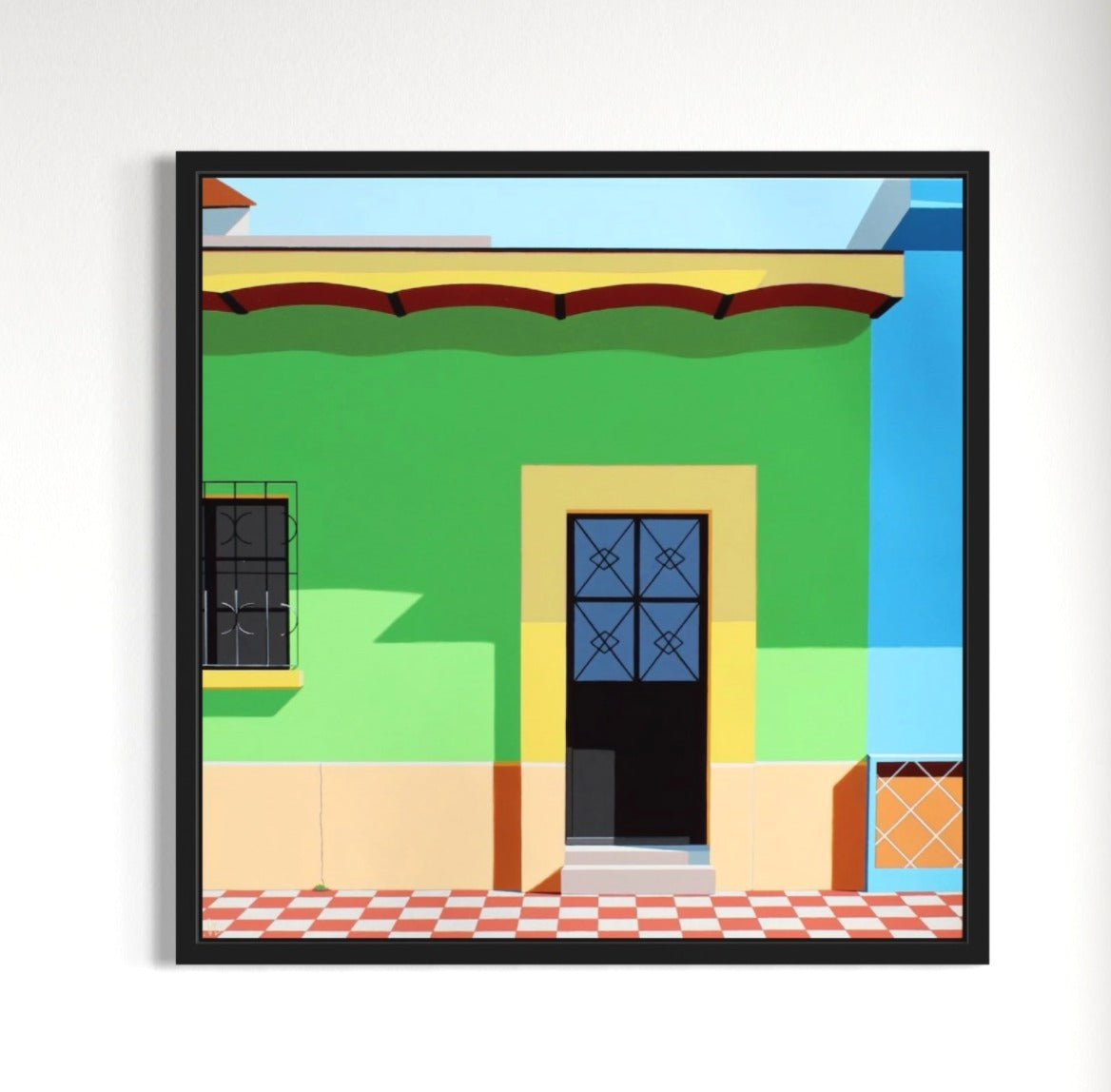 Original acrylic painting Fantasia by Gordon Leverton depicting colorful architecture in Guadalajara Mexico with contemporary urban geometric forms
