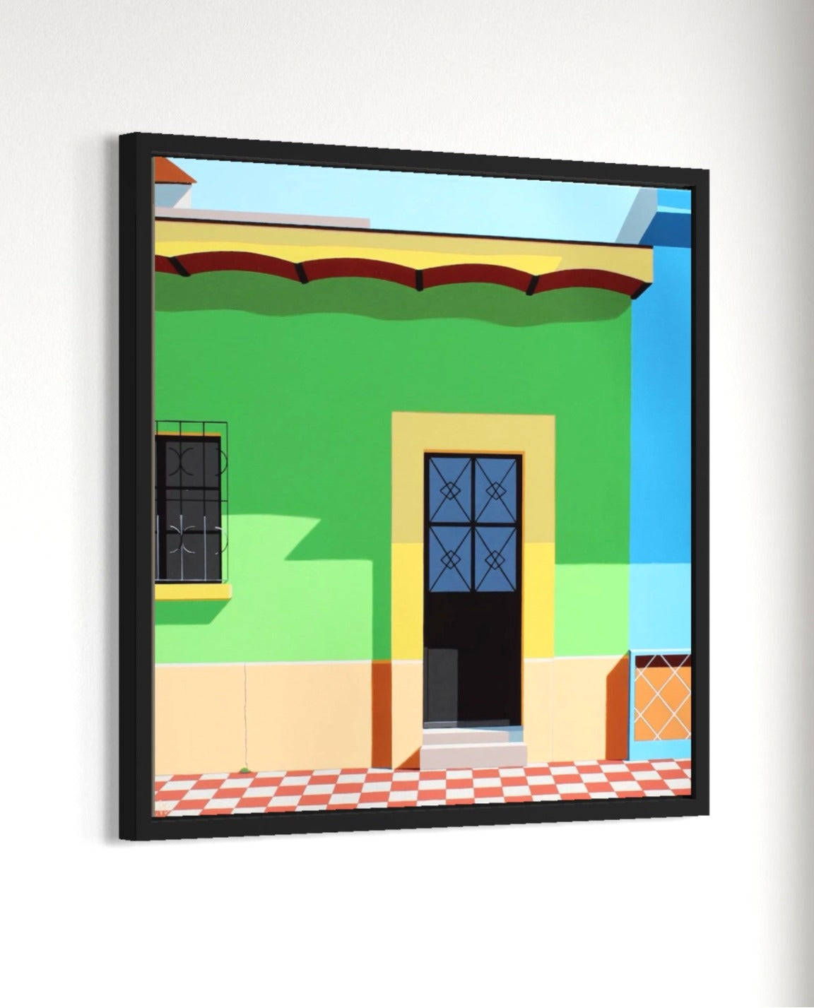Original acrylic painting Fantasia by Gordon Leverton depicting colorful architecture in Guadalajara Mexico with contemporary urban geometric forms