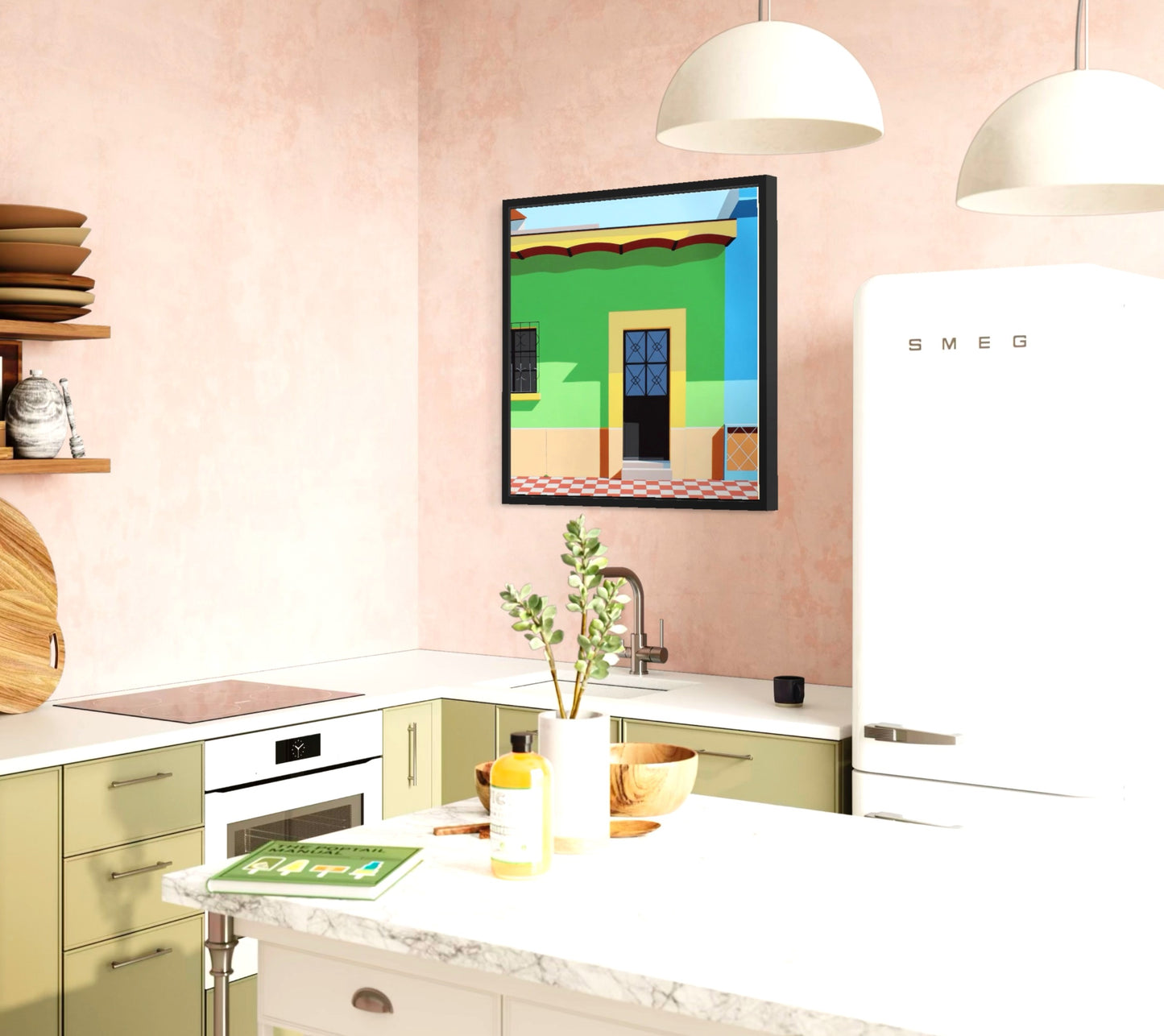 Original acrylic painting Fantasia by Gordon Leverton depicting colorful architecture in Guadalajara Mexico with contemporary urban geometric forms