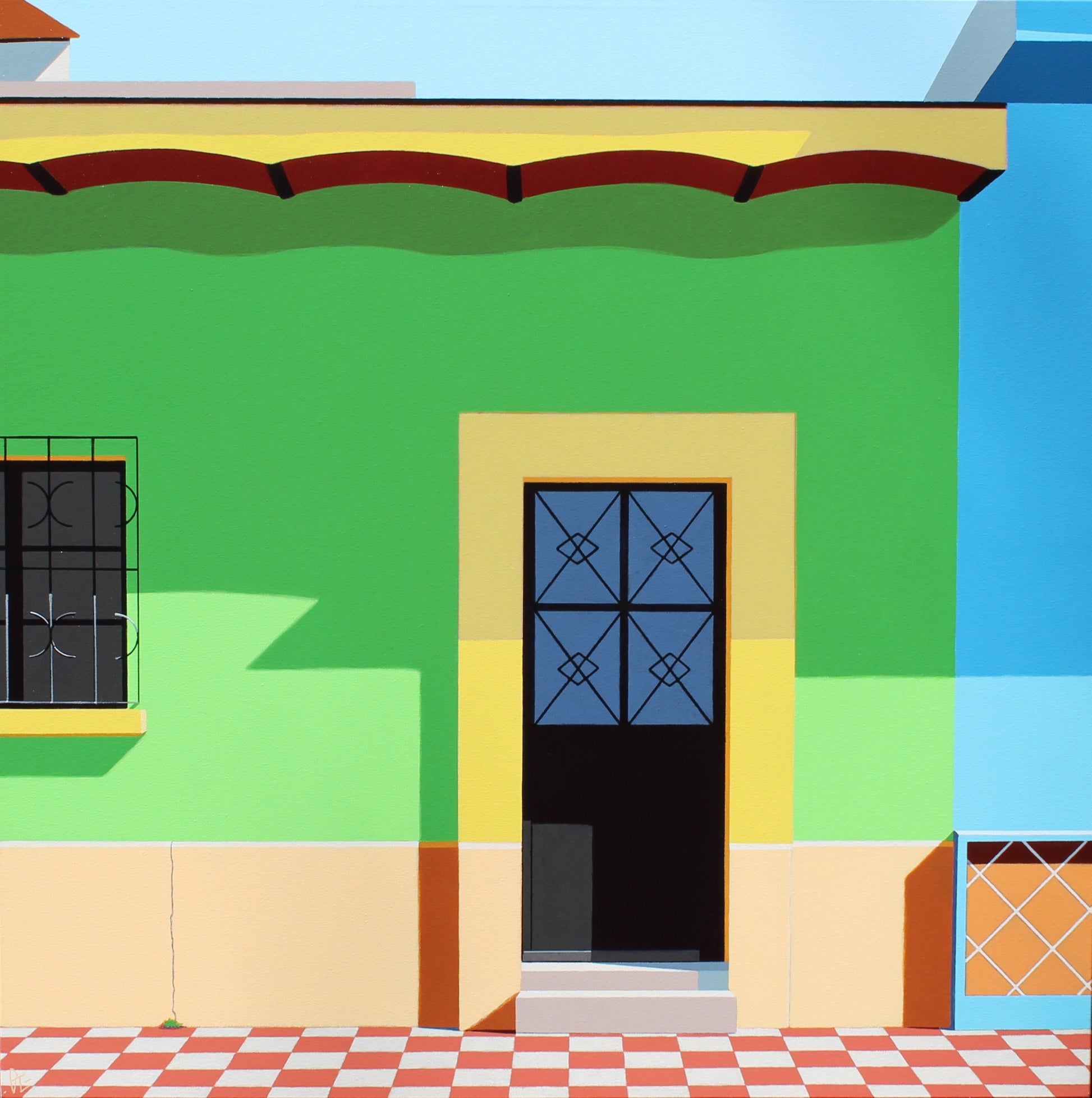 Original acrylic painting Fantasia by Gordon Leverton depicting colorful architecture in Guadalajara Mexico with contemporary urban geometric forms
