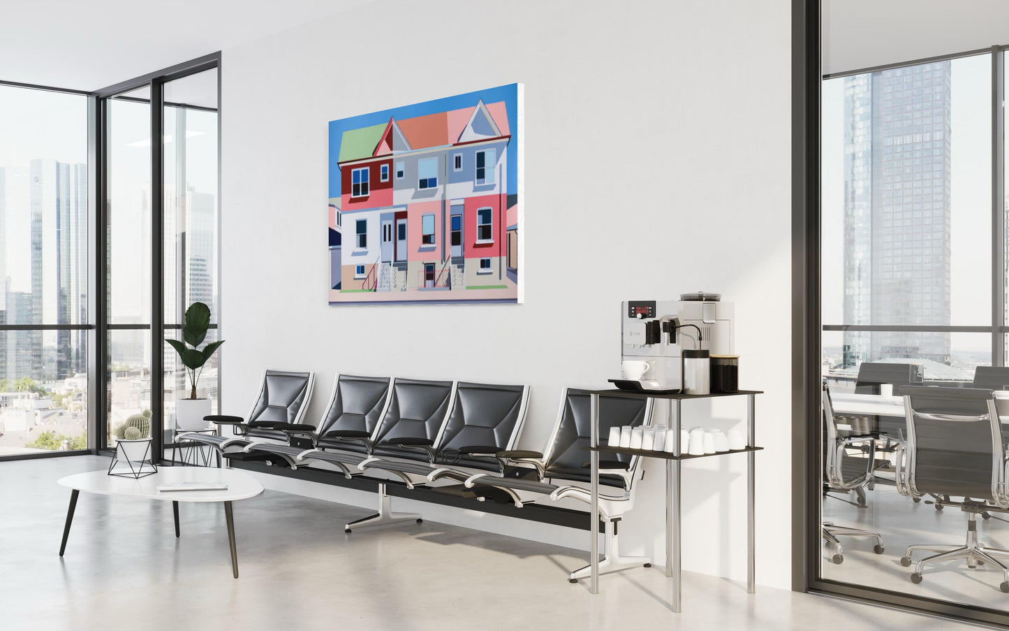 Original acrylic painting Frontier by Gordon Leverton depicting row homes on Dufferin Avenue, Toronto, Canada with urban residential architecture