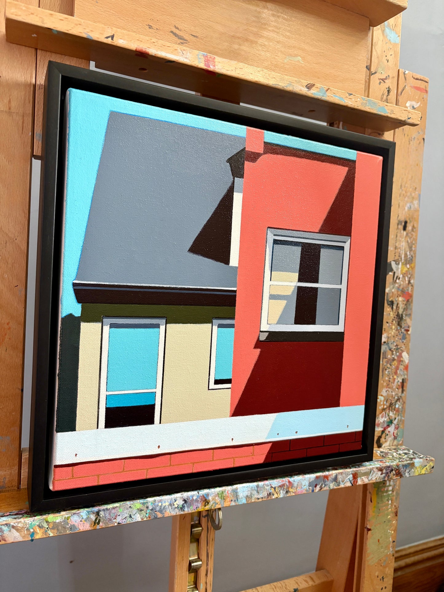 Go Wild is an original 12x12" by Gordon Leverton, Hamilton Artist, featuring architectural painting of a side view homes in Hamilton, Canada in bold geometric shapes.