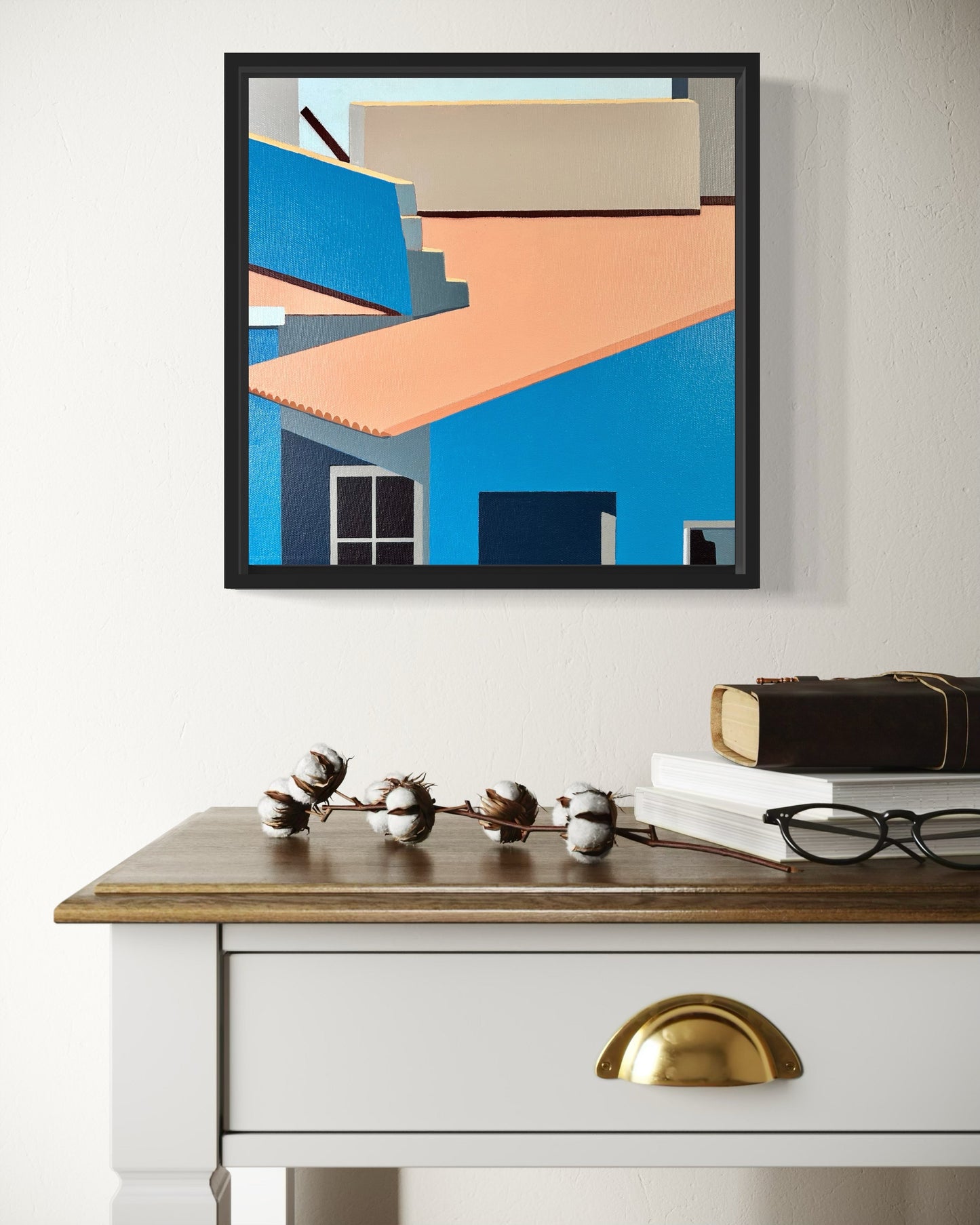 Original acrylic painting Patamanta by Gordon Leverton depicting rooftop cluster of homes in Cercado de Lima Peru with colorful urban architecture