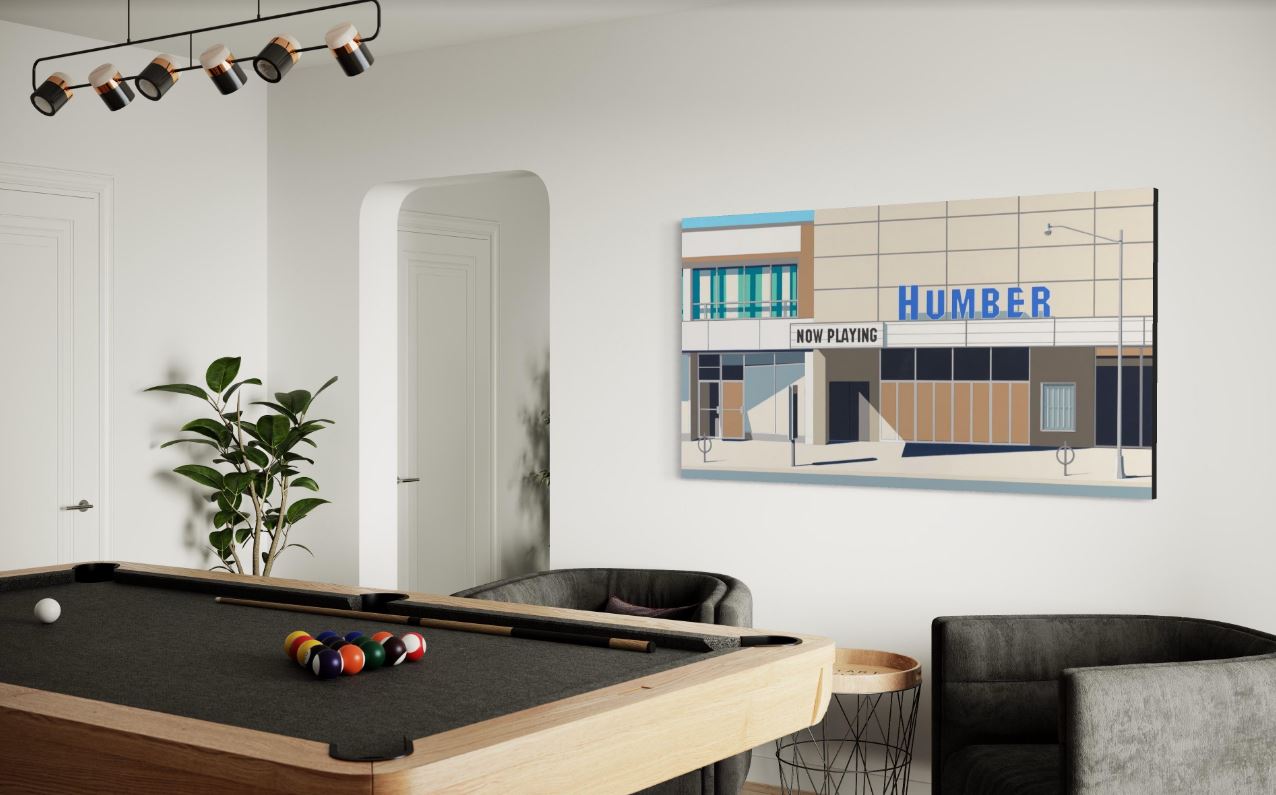 CINEMATIC by Gordon Leverton depicting historic Humber Cinema at Jane and Bloor Streets, Toronto, Canada with vintage architectural details.