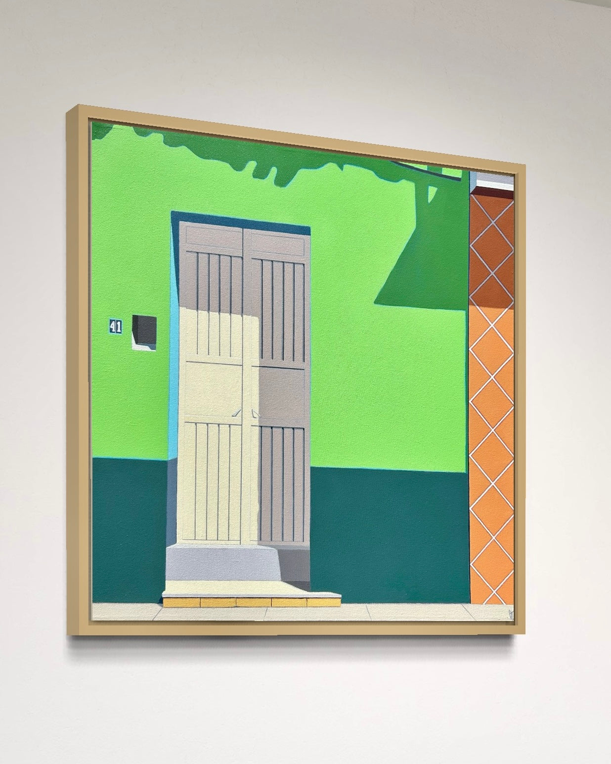 Original acrylic painting Puerta by Gordon Leverton depicting doorway and architecture in Guadalajara Mexico with colorful geometric details