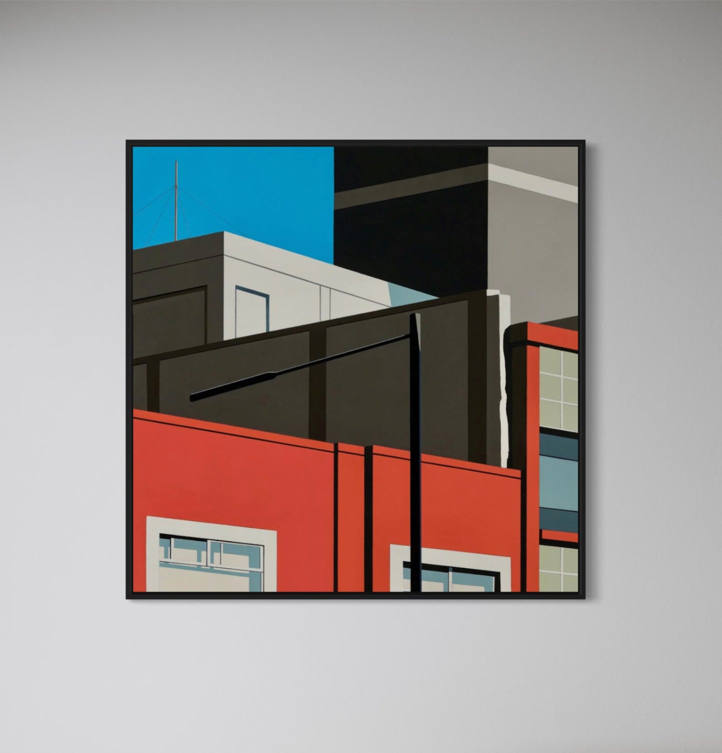 Original acrylic painting Legions by Gordon Leverton depicting industrial rooftop view in Roma Norte Mexico City with contemporary urban architecture