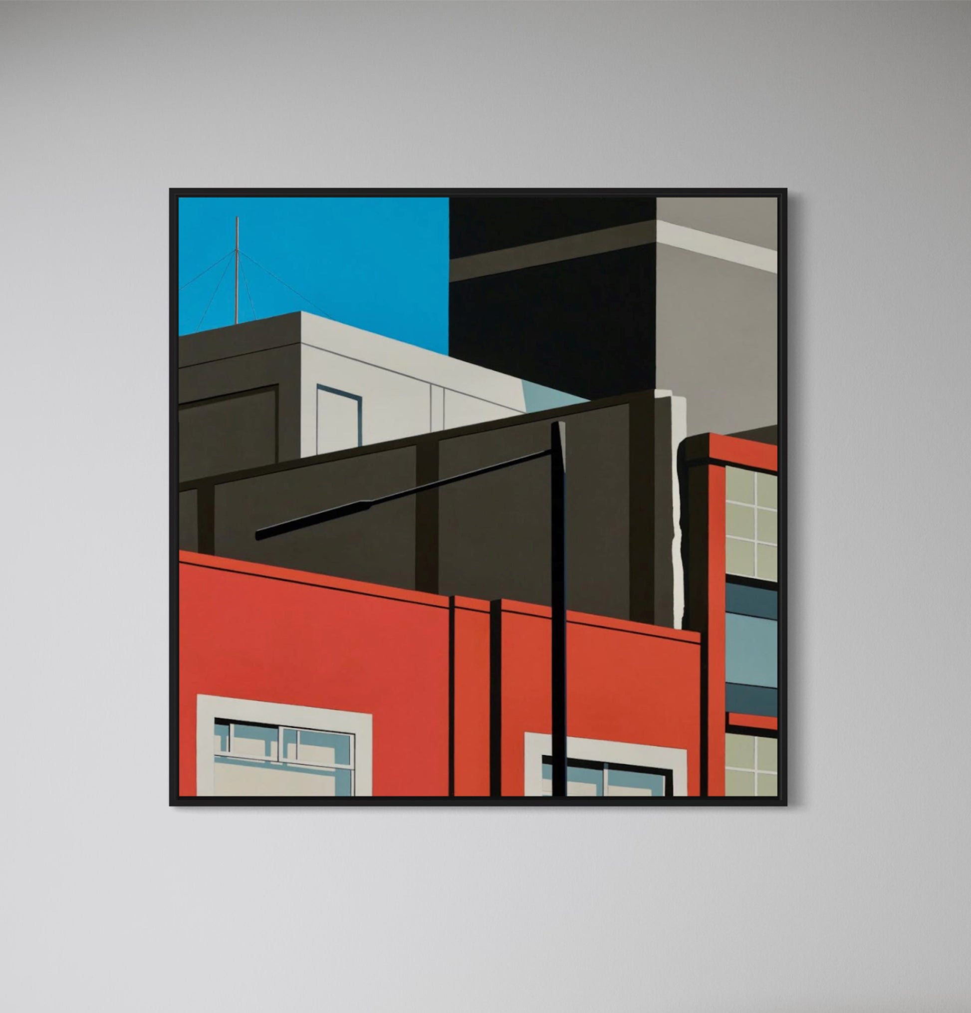 Original acrylic painting Legions by Gordon Leverton depicting industrial rooftop view in Roma Norte Mexico City with contemporary urban architecture