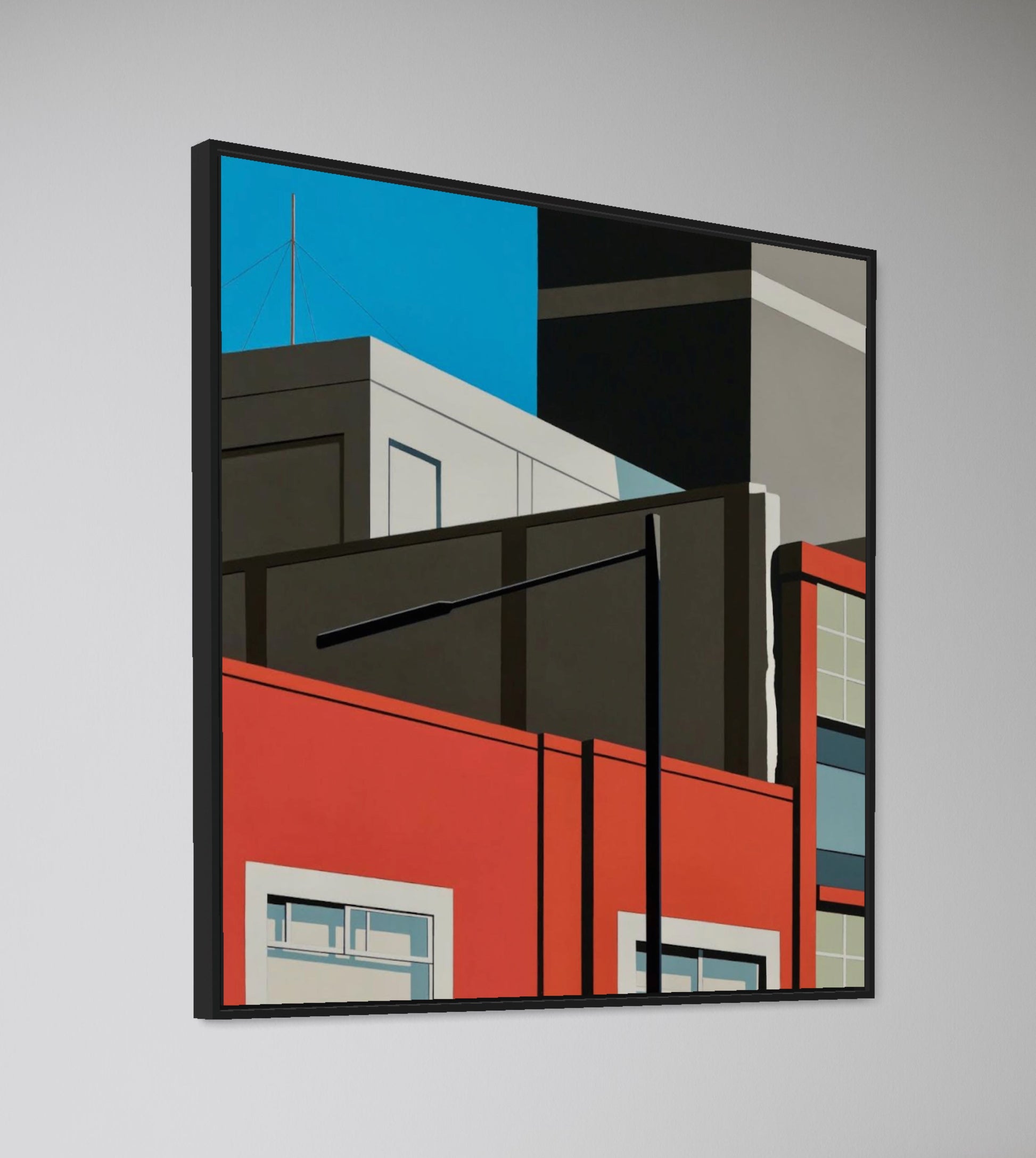Original acrylic painting Legions by Gordon Leverton depicting industrial rooftop view in Roma Norte Mexico City with contemporary urban architecture