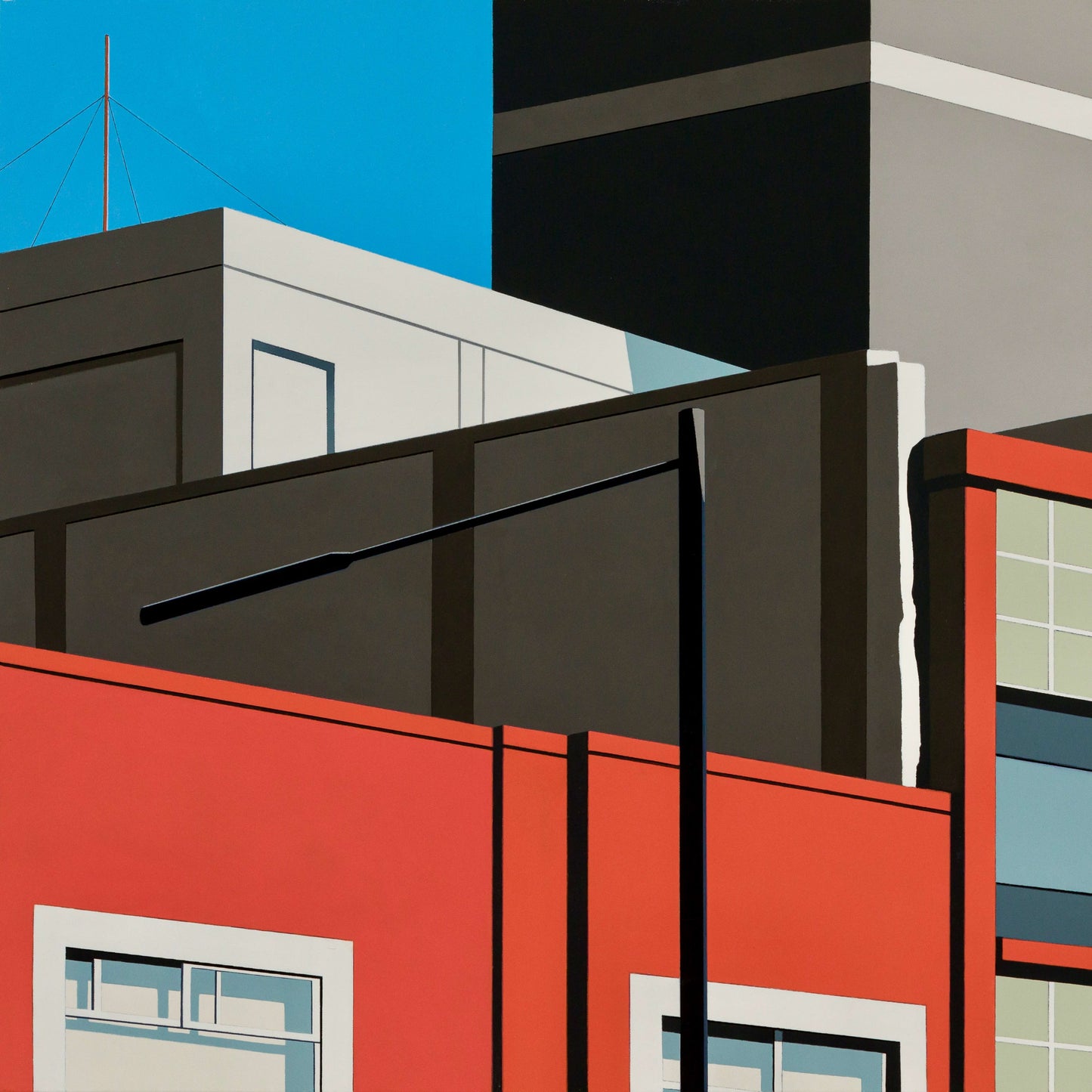 Original acrylic painting Legions by Gordon Leverton depicting industrial rooftop view in Roma Norte Mexico City with contemporary urban architecture