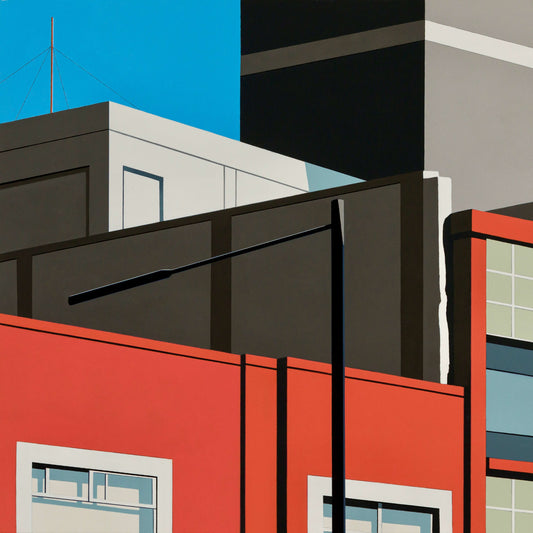 Original acrylic painting Legions by Gordon Leverton depicting industrial rooftop view in Roma Norte Mexico City with contemporary urban architecture