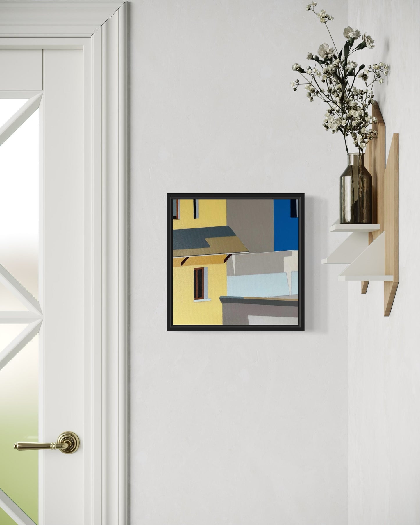 Original acrylic painting Morada by Gordon Leverton depicting Peruvian residential architecture in Lima Peru, with colorful urban details