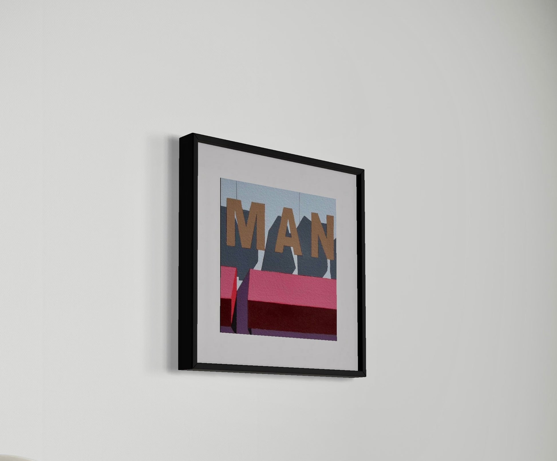 Limited edition framed print MAN by Gordon Leverton depicting colonial architecture in Guadalajara Mexico with bold typography and geometric forms