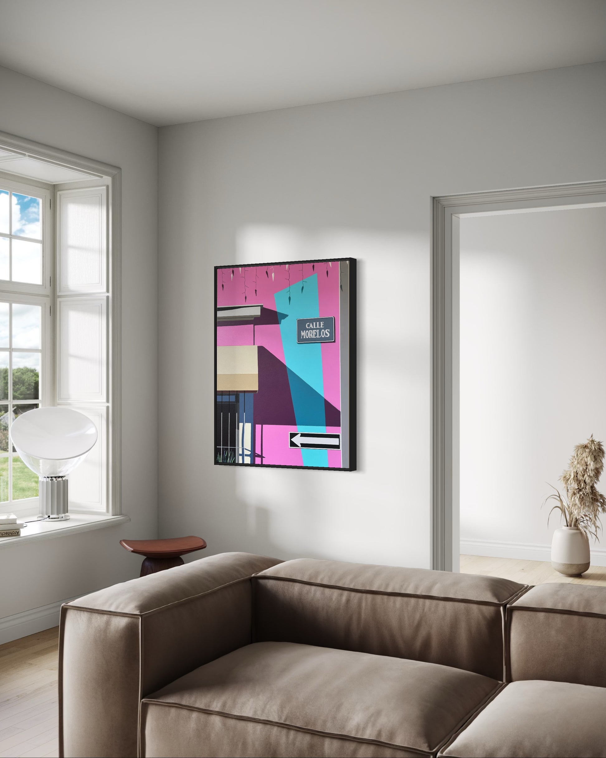 Original acrylic painting Calle Morelos by Gordon Leverton depicting colonial architecture in Providencia Guadalajara Mexico with vibrant colors and urban details