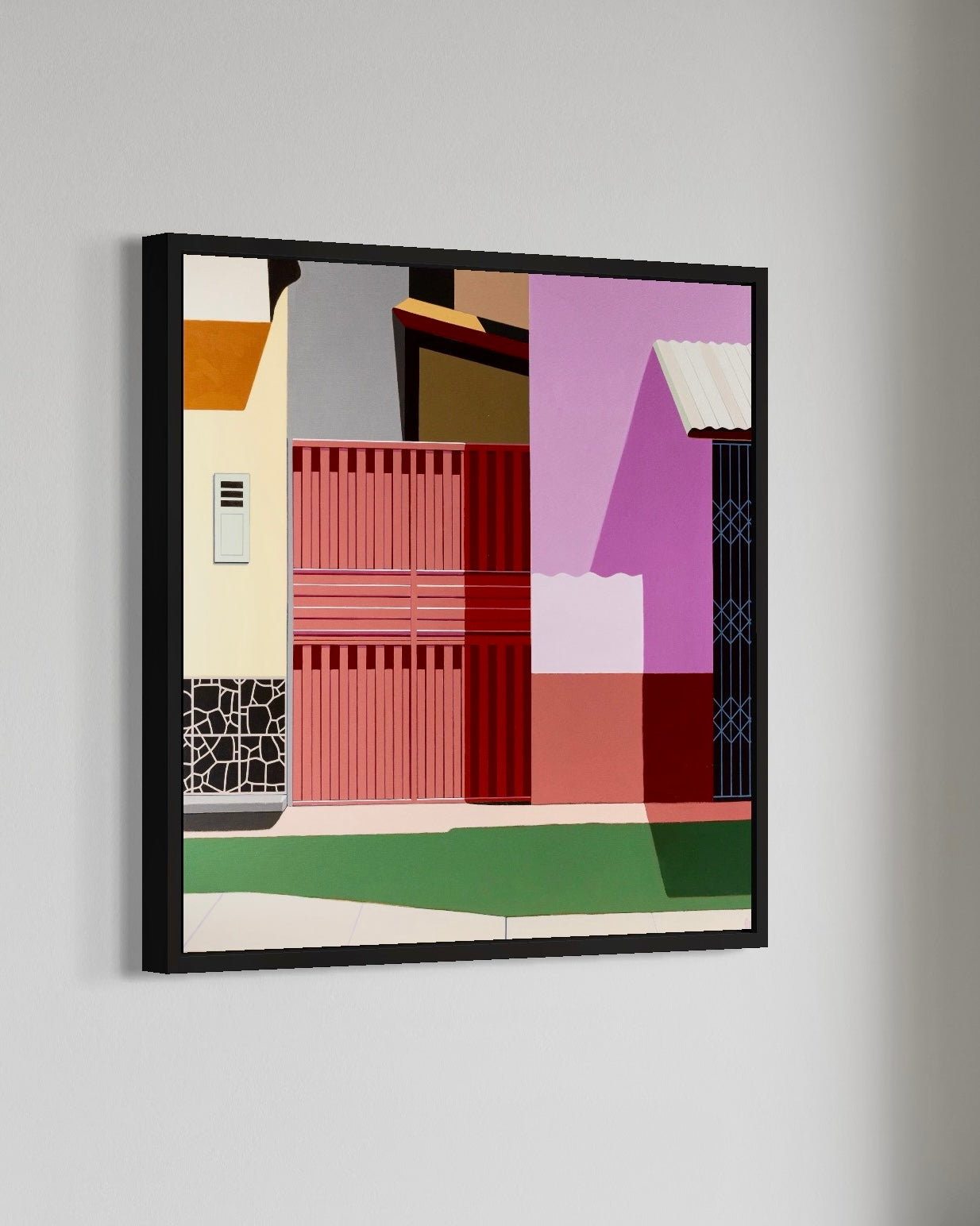 Original acrylic painting Estructura by Gordon Leverton depicting Inca Market architecture in Miraflores Lima Peru with geometric structural details
