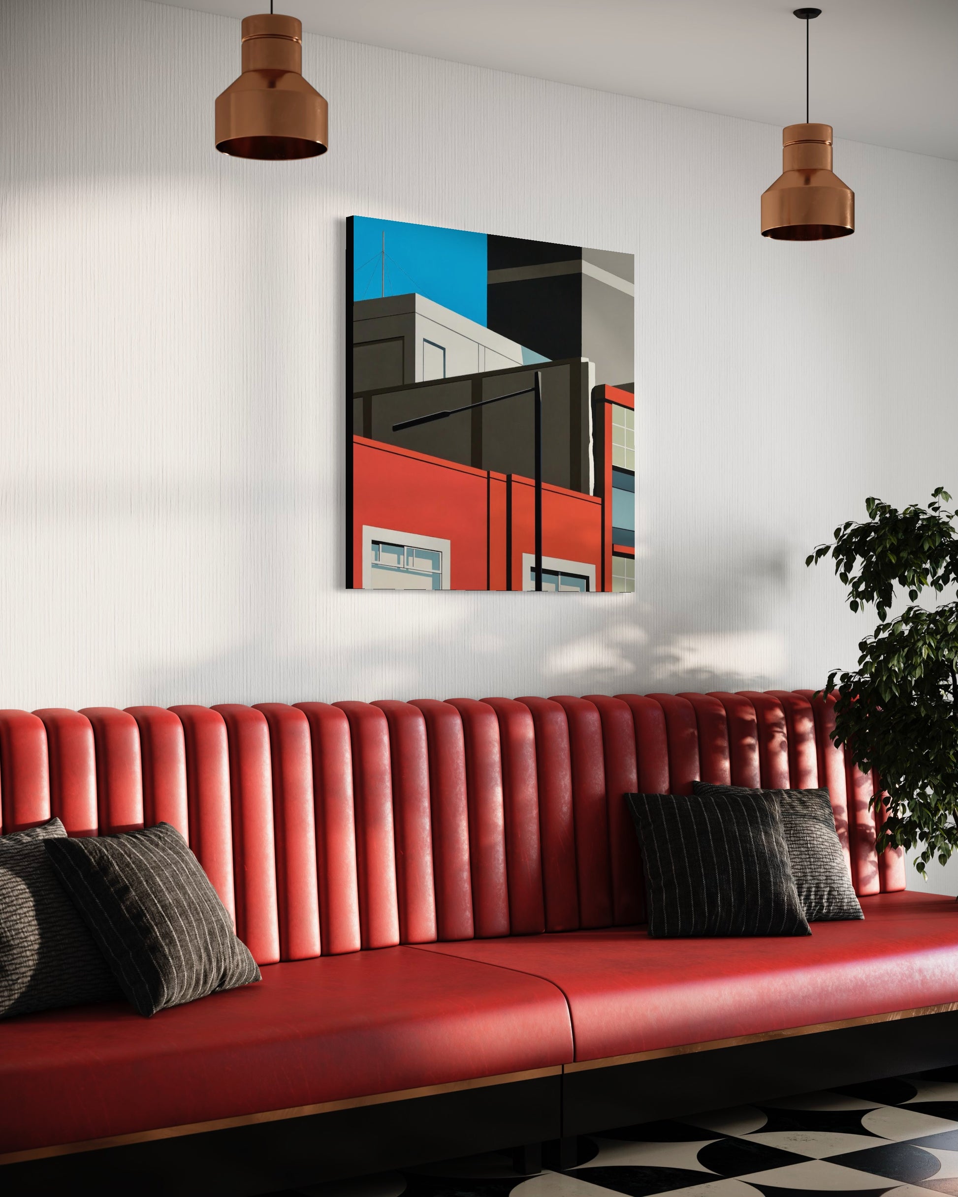 Original acrylic painting Legions by Gordon Leverton depicting industrial rooftop view in Roma Norte Mexico City with contemporary urban architecture