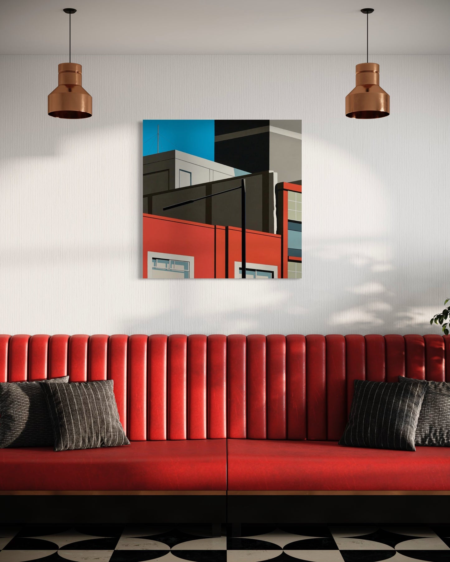 Original acrylic painting Legions by Gordon Leverton depicting industrial rooftop view in Roma Norte Mexico City with contemporary urban architecture