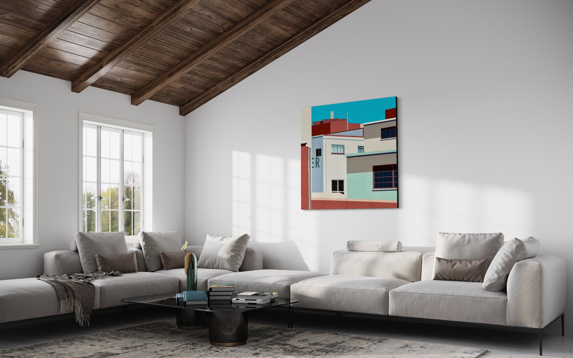 Original acrylic painting Schemes by Gordon Leverton depicting colonial mansion architecture in Roma Norte Mexico City with vibrant colors and geometric forms