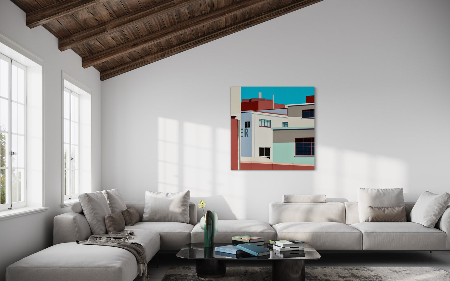 Original acrylic painting Schemes by Gordon Leverton depicting colonial mansion architecture in Roma Norte Mexico City with vibrant colors and geometric forms