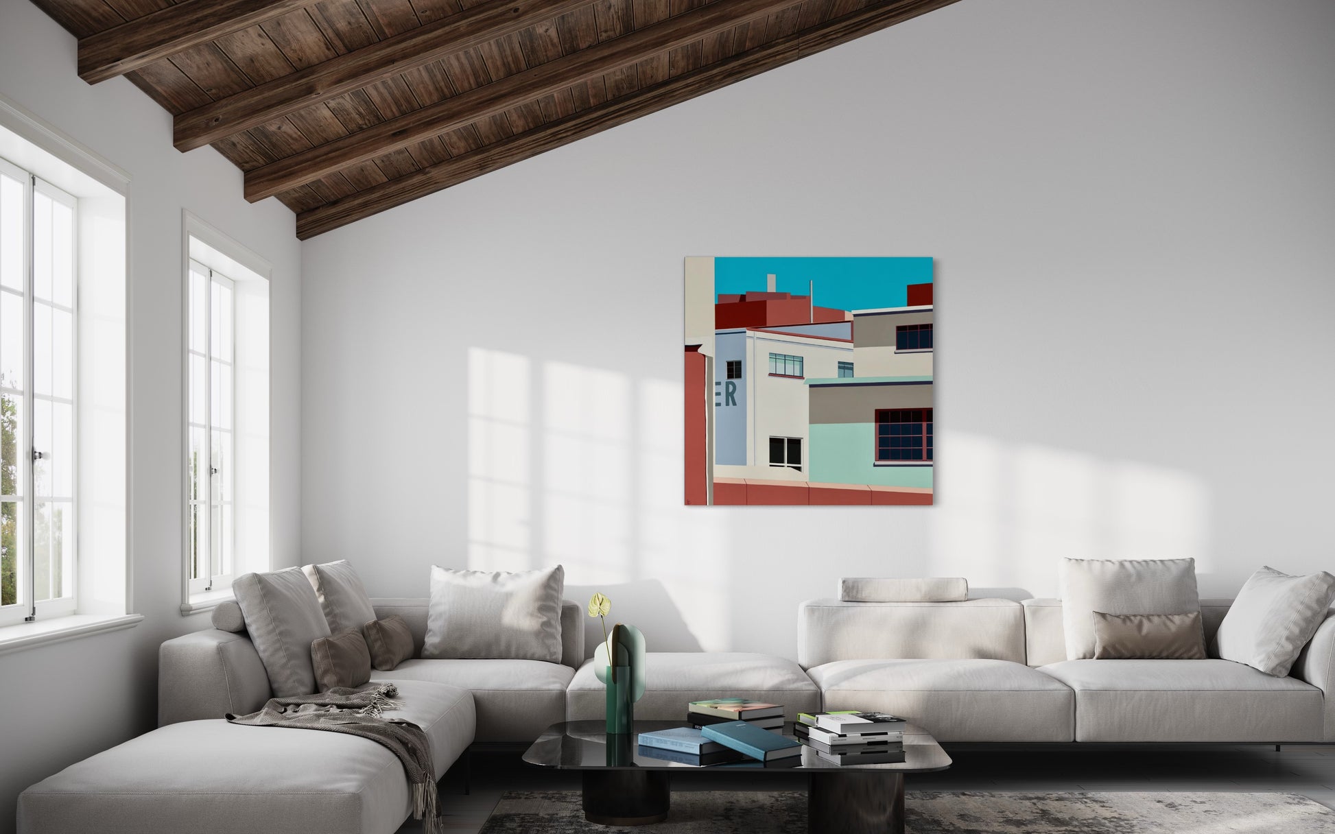 Original acrylic painting Schemes by Gordon Leverton depicting colonial mansion architecture in Roma Norte Mexico City with vibrant colors and geometric forms