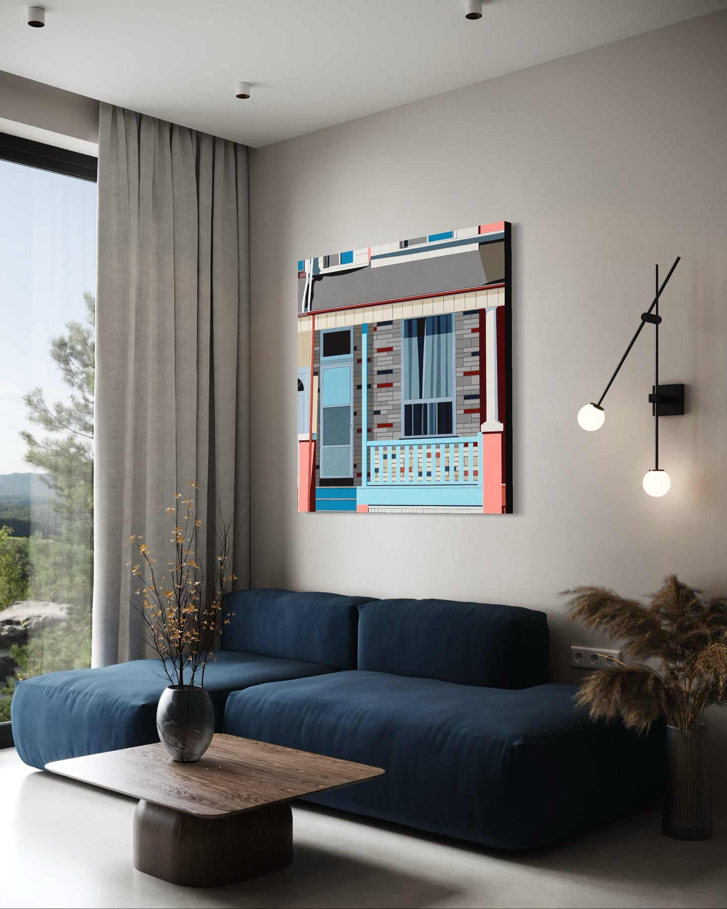 Original acrylic painting Slumber by Gordon Leverton depicting brick facade houses on Gerard Street East Toronto with Canadian urban architecture