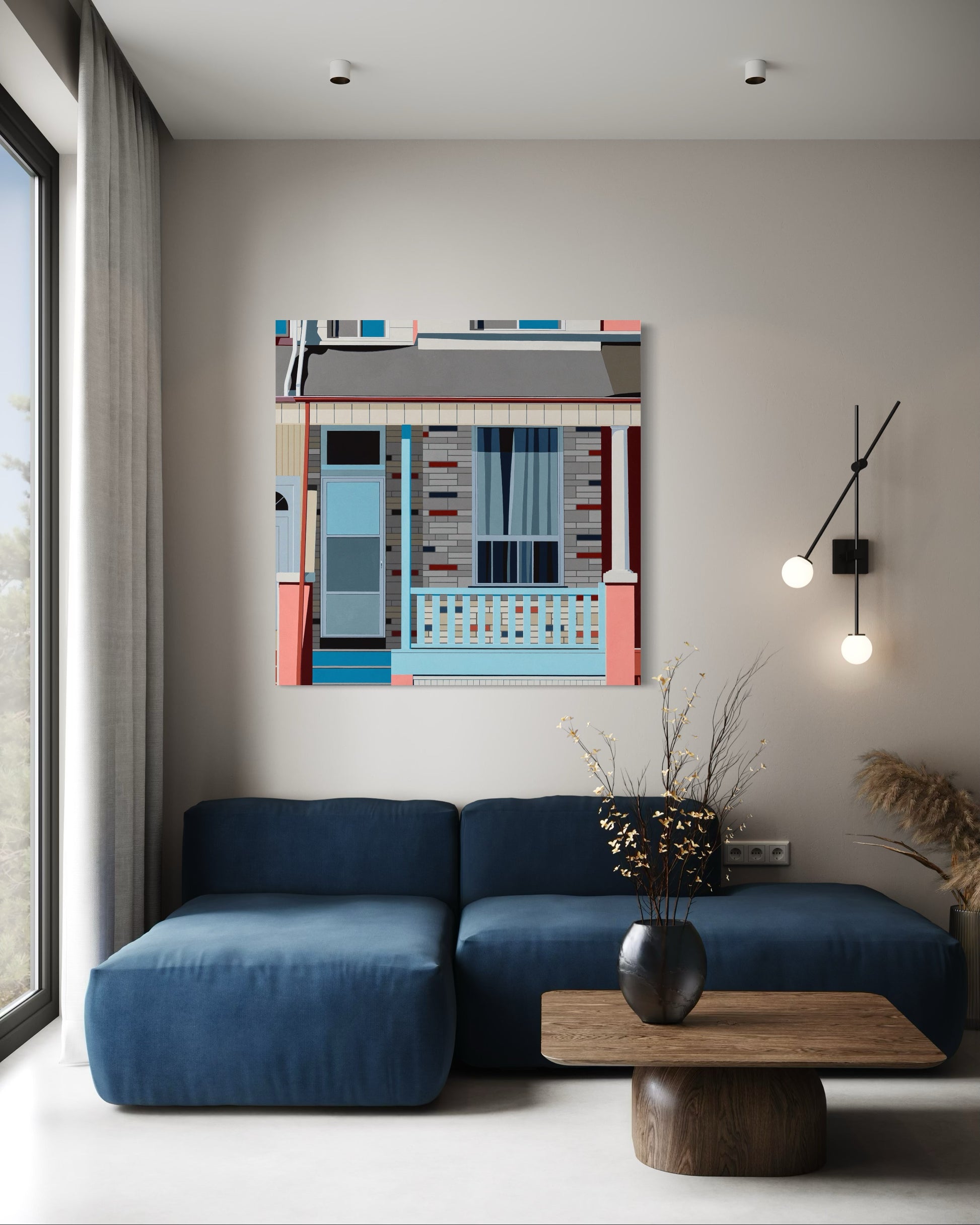 Original acrylic painting Slumber by Gordon Leverton depicting brick facade houses on Gerard Street East Toronto with Canadian urban architecture