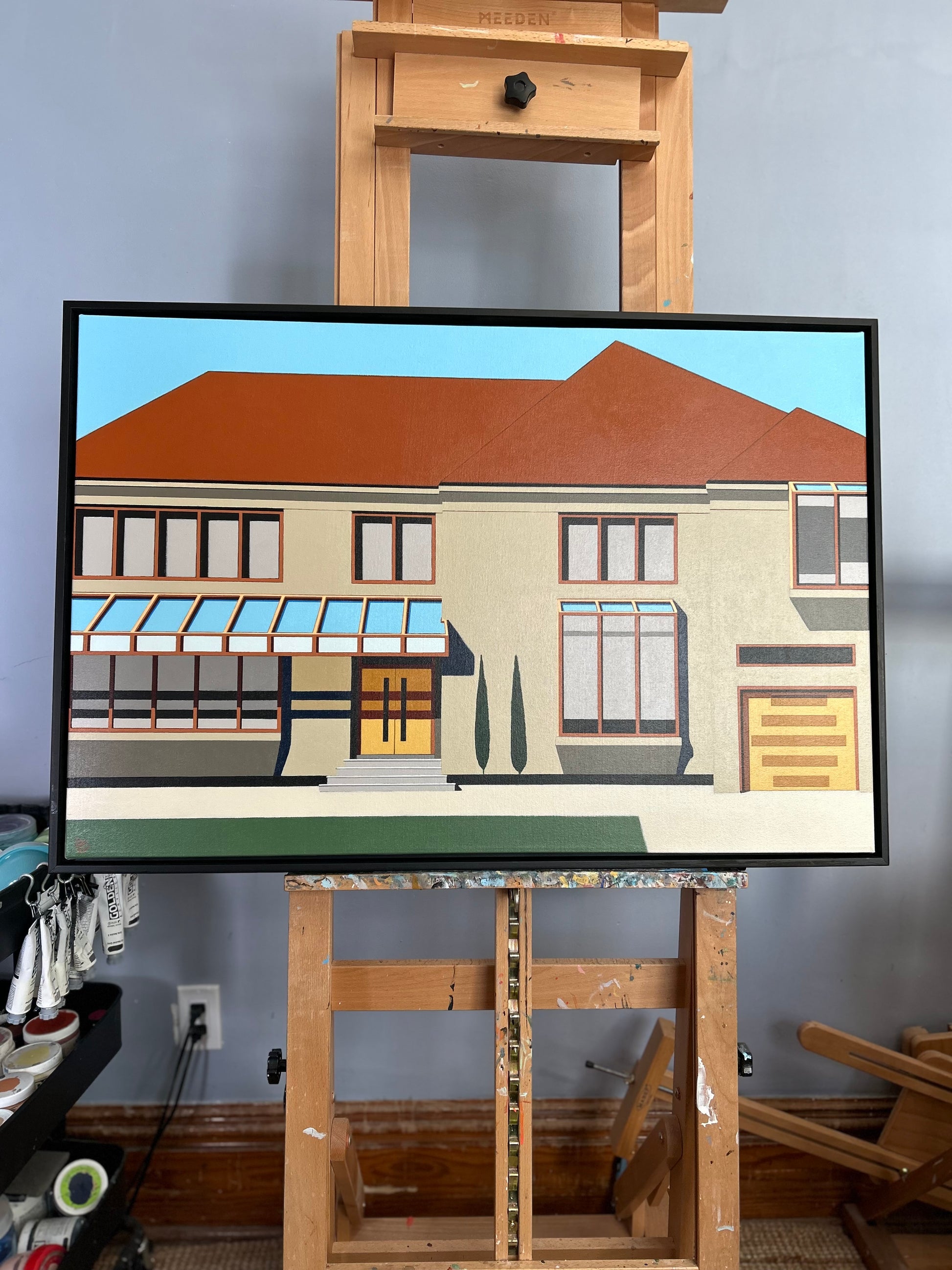 Original acrylic painting by Gordon Leverton depicting residential home of The Reichman's on Prue Avenue in Toronto with architectural building details