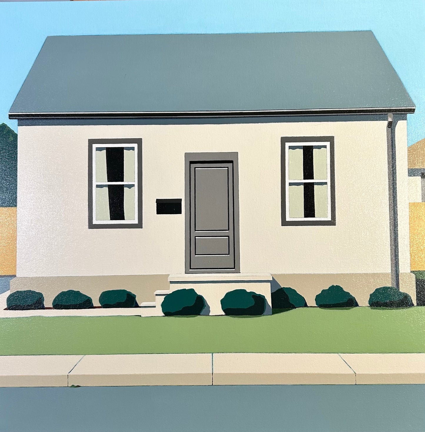 Original acrylic painting by Gordon Leverton depicting residential home on Canada Street in Hamilton Ontario with architectural details