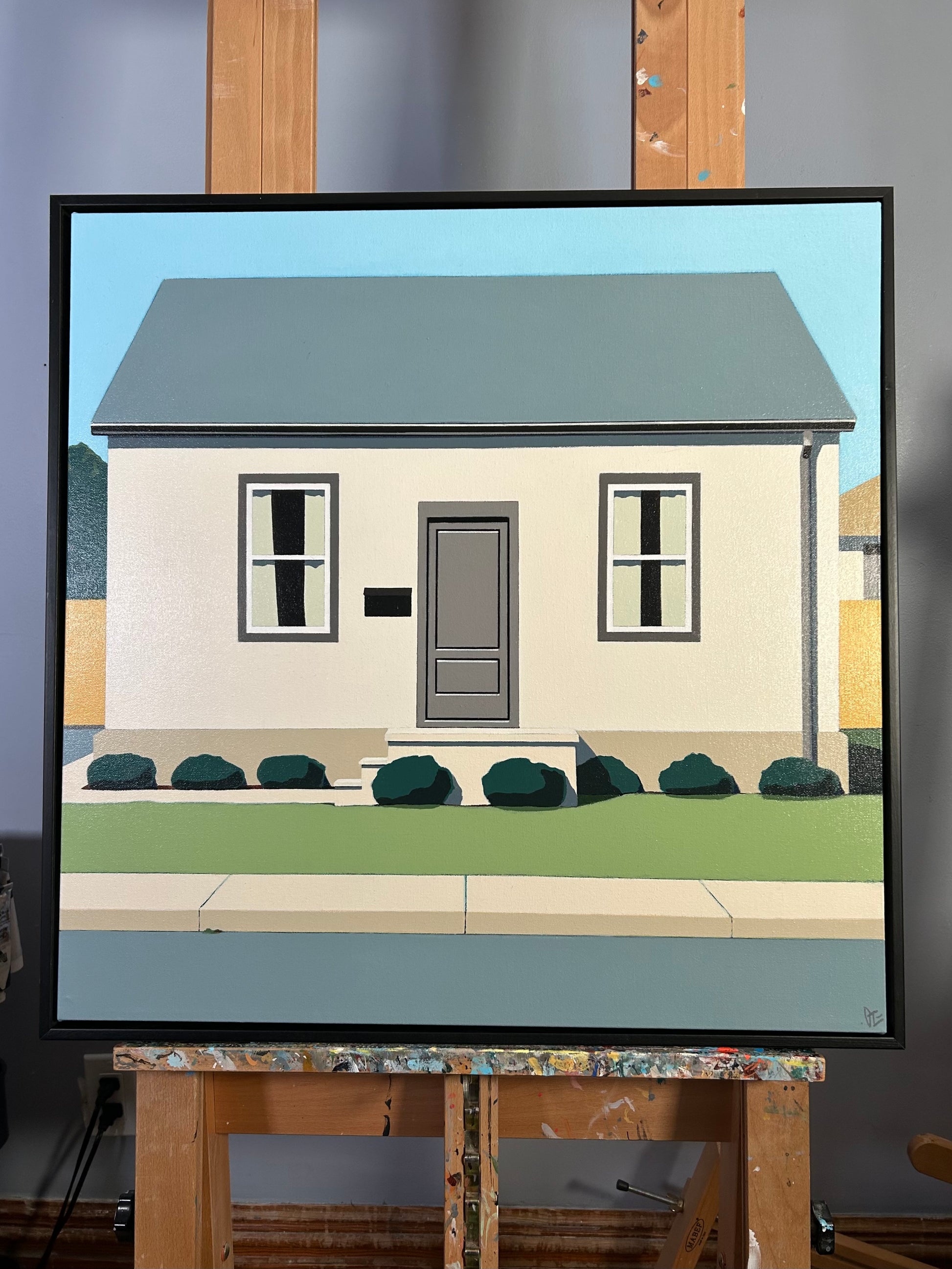 Original acrylic painting by Gordon Leverton depicting residential home on Canada Street in Hamilton Ontario with architectural details