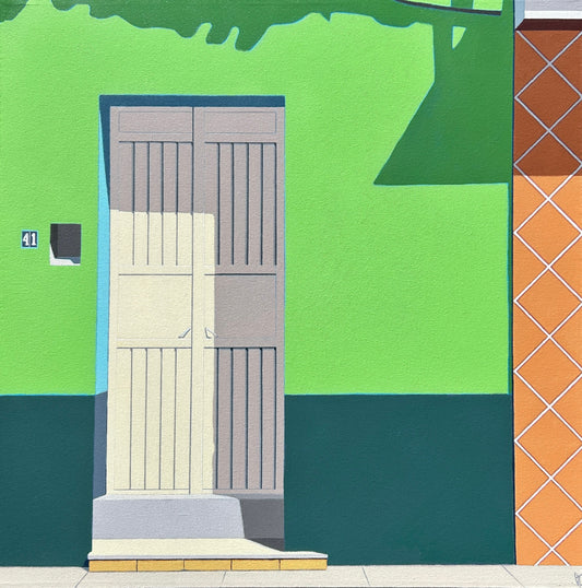 Original acrylic painting Puerta by Gordon Leverton depicting doorway and architecture in Guadalajara Mexico with colorful geometric details