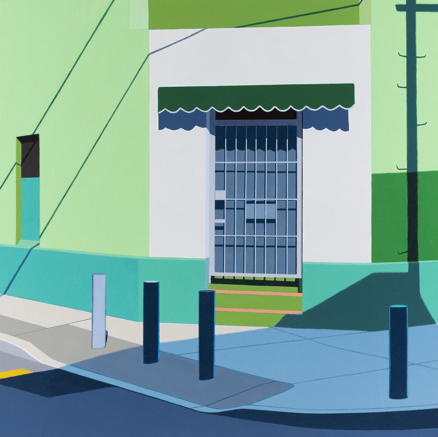 Original acrylic painting Papeleria by Gordon Leverton depicting colonial architecture in Americano Guadalajara Mexico with vibrant tropical colors and geometric forms