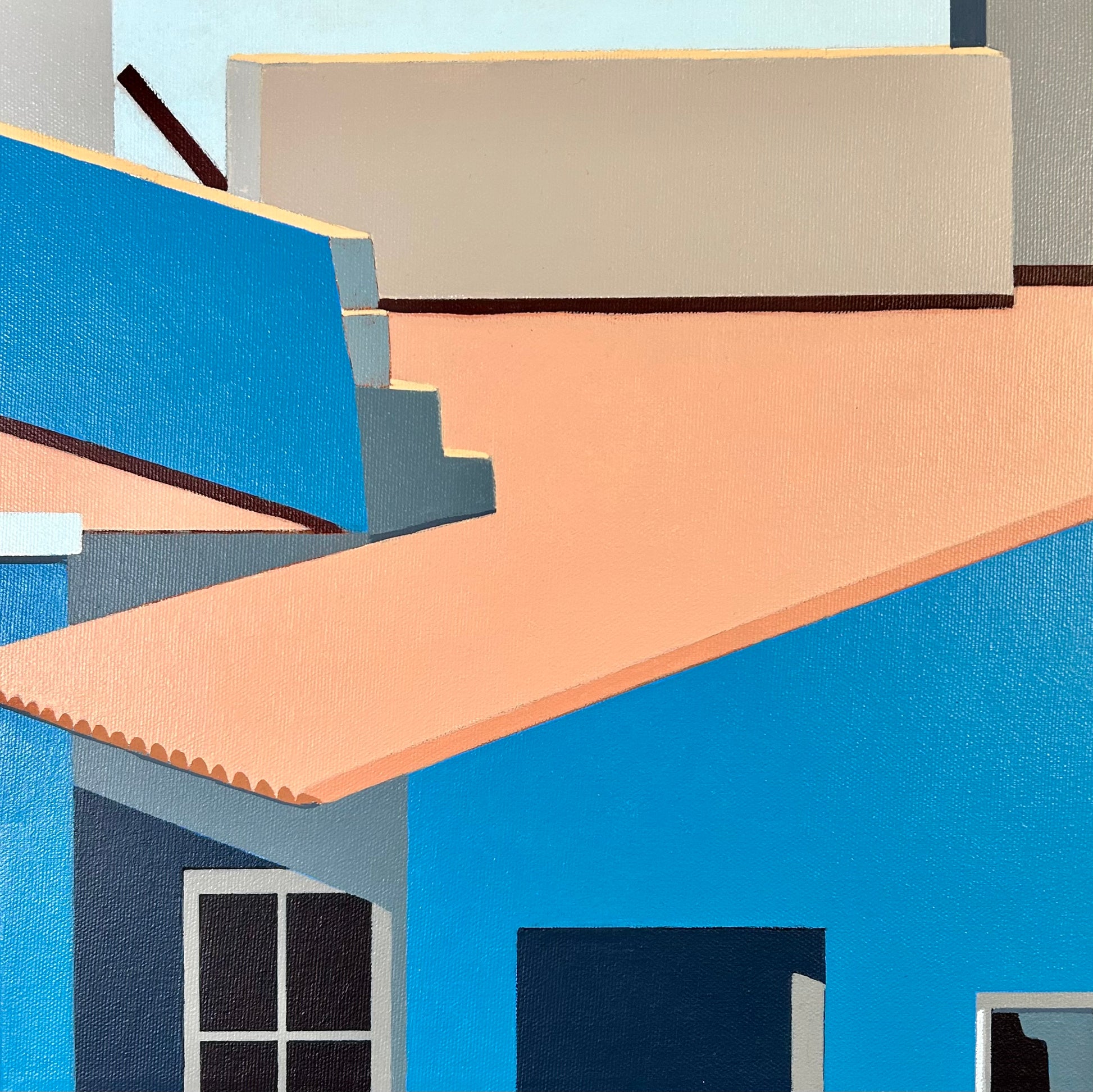 Original acrylic painting Patamanta by Gordon Leverton depicting rooftop cluster of homes in Cercado de Lima Peru with colorful urban architecture