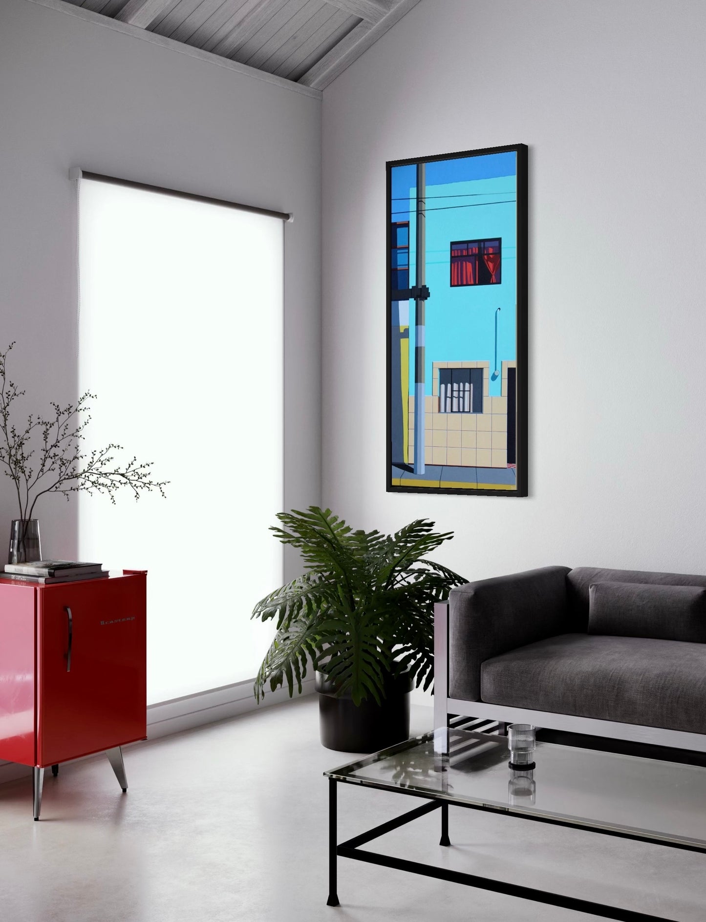 Original acrylic painting Providencia by Gordon Leverton depicting Peruvian architecture with colorful geometric details